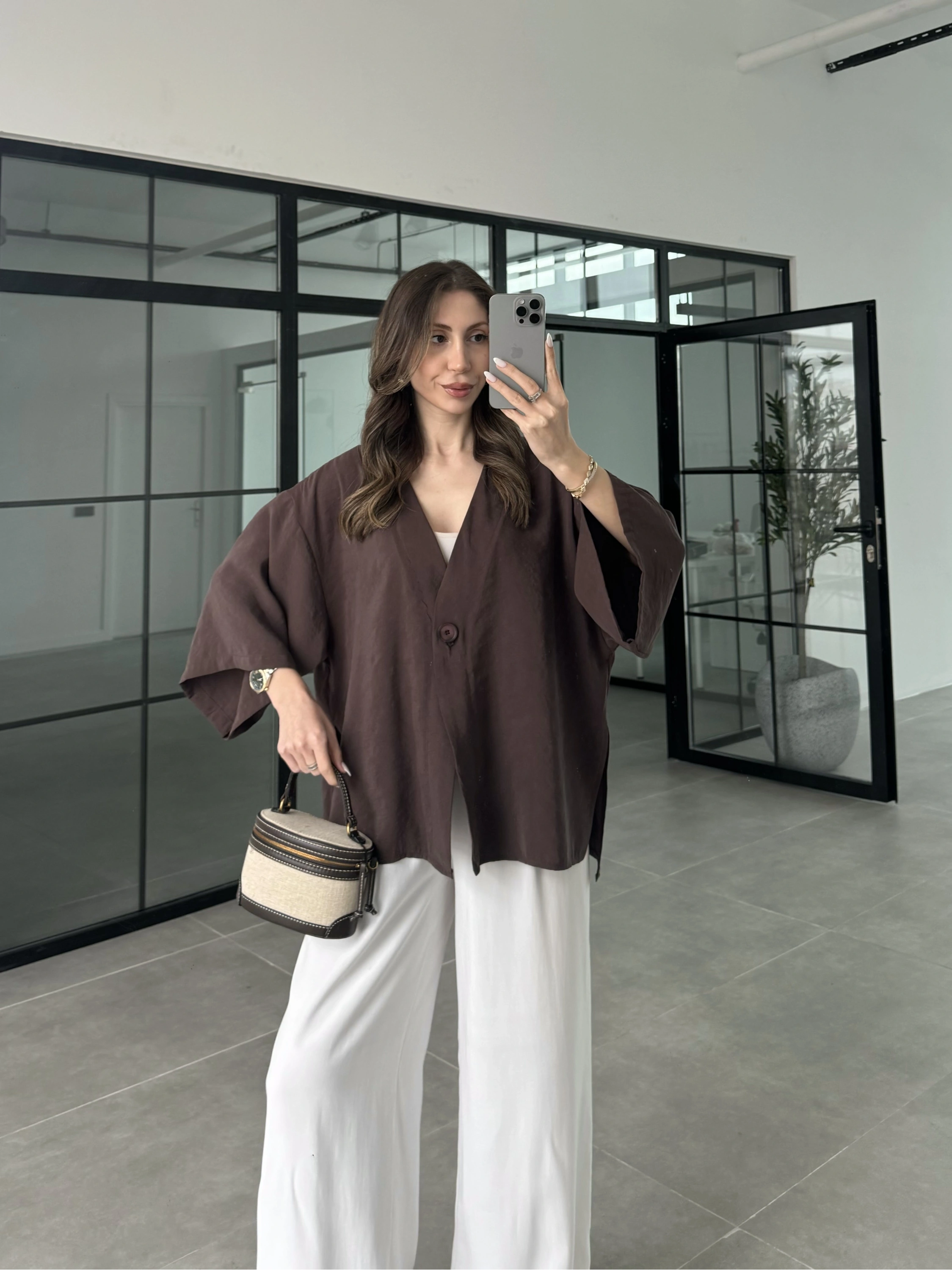 Sofi Tek Düğme Oversize Tensel Kahve Gömlek
