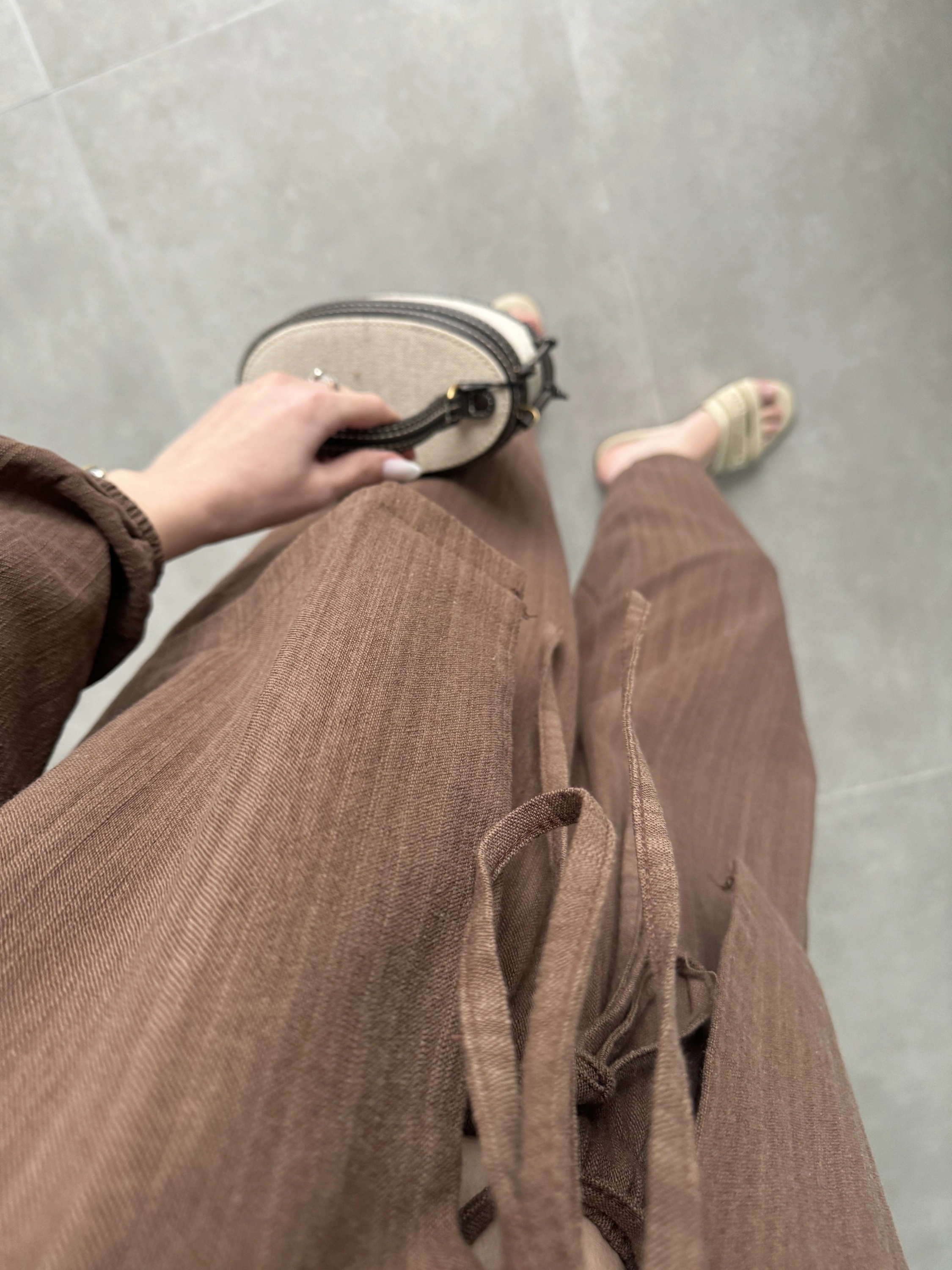 Diana Önü Bağlamalı Kısa Keten Kahve Kimono Takım