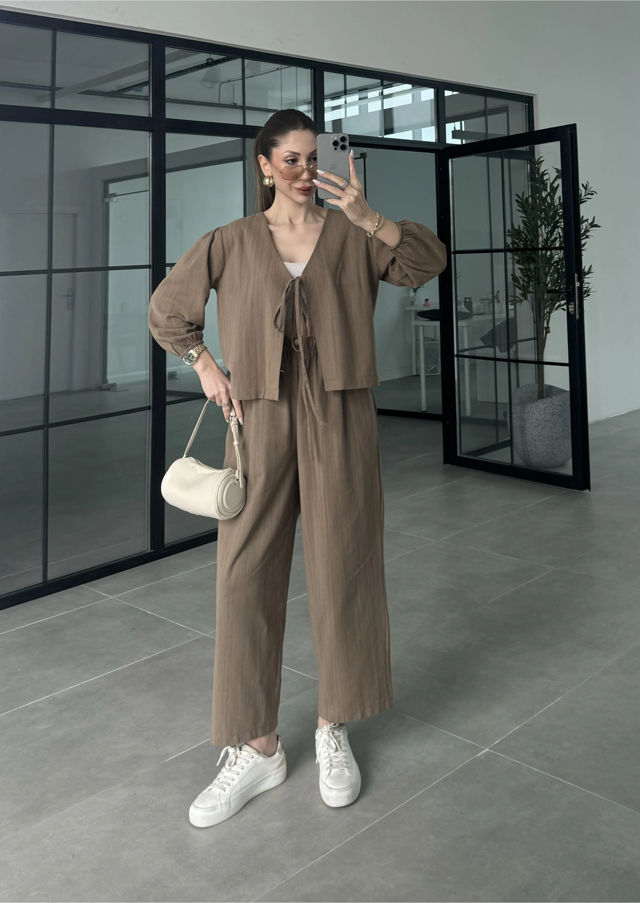 Diana Önü Bağlamalı Kısa Keten Vizon Kimono Takım