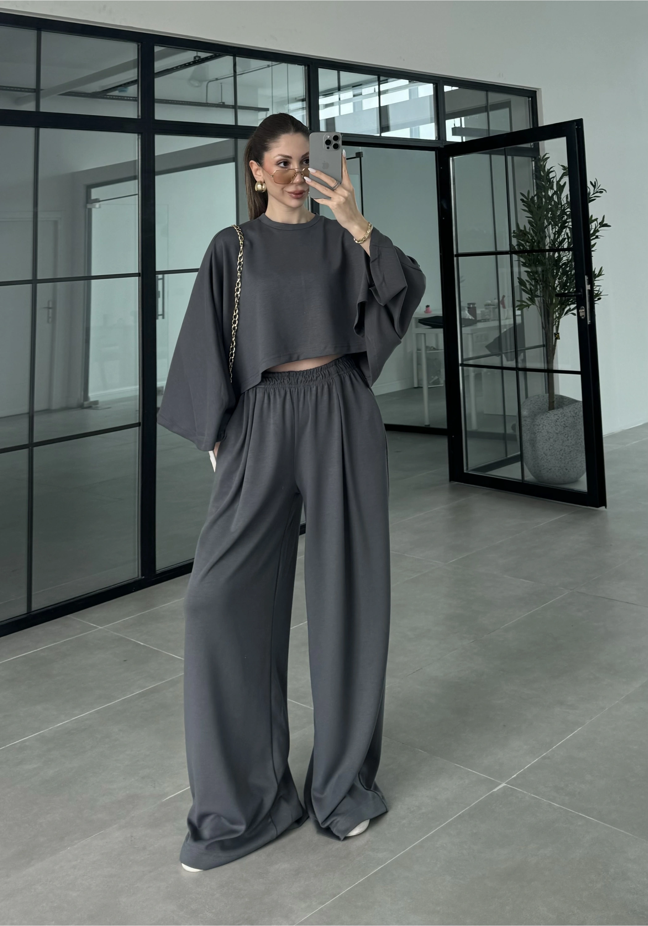 Modal Kumaş Yarasakol Oversize Antrasit Takım