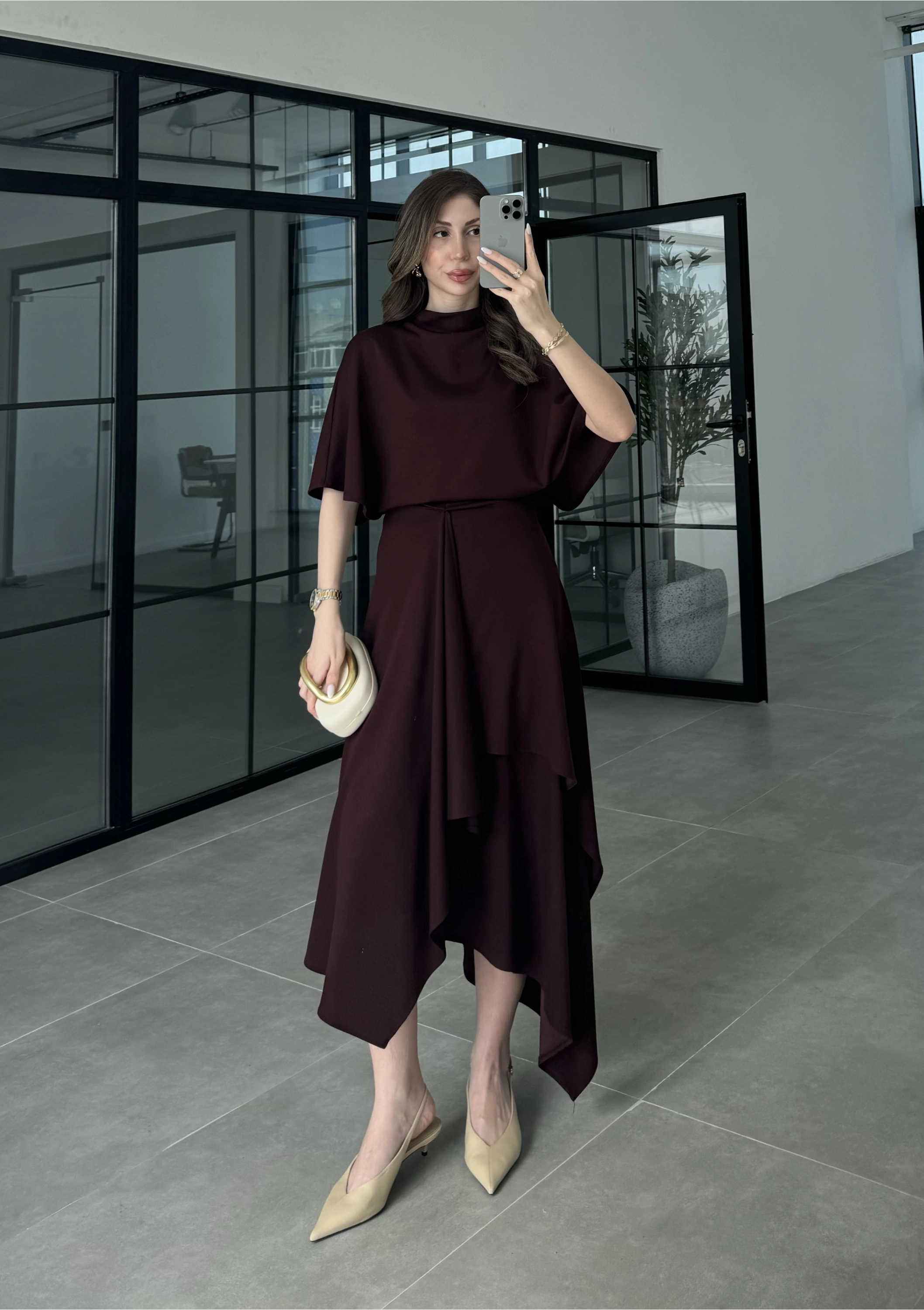 Oysh Modal Kumaş Asimetrik Bordo Etekli Takım