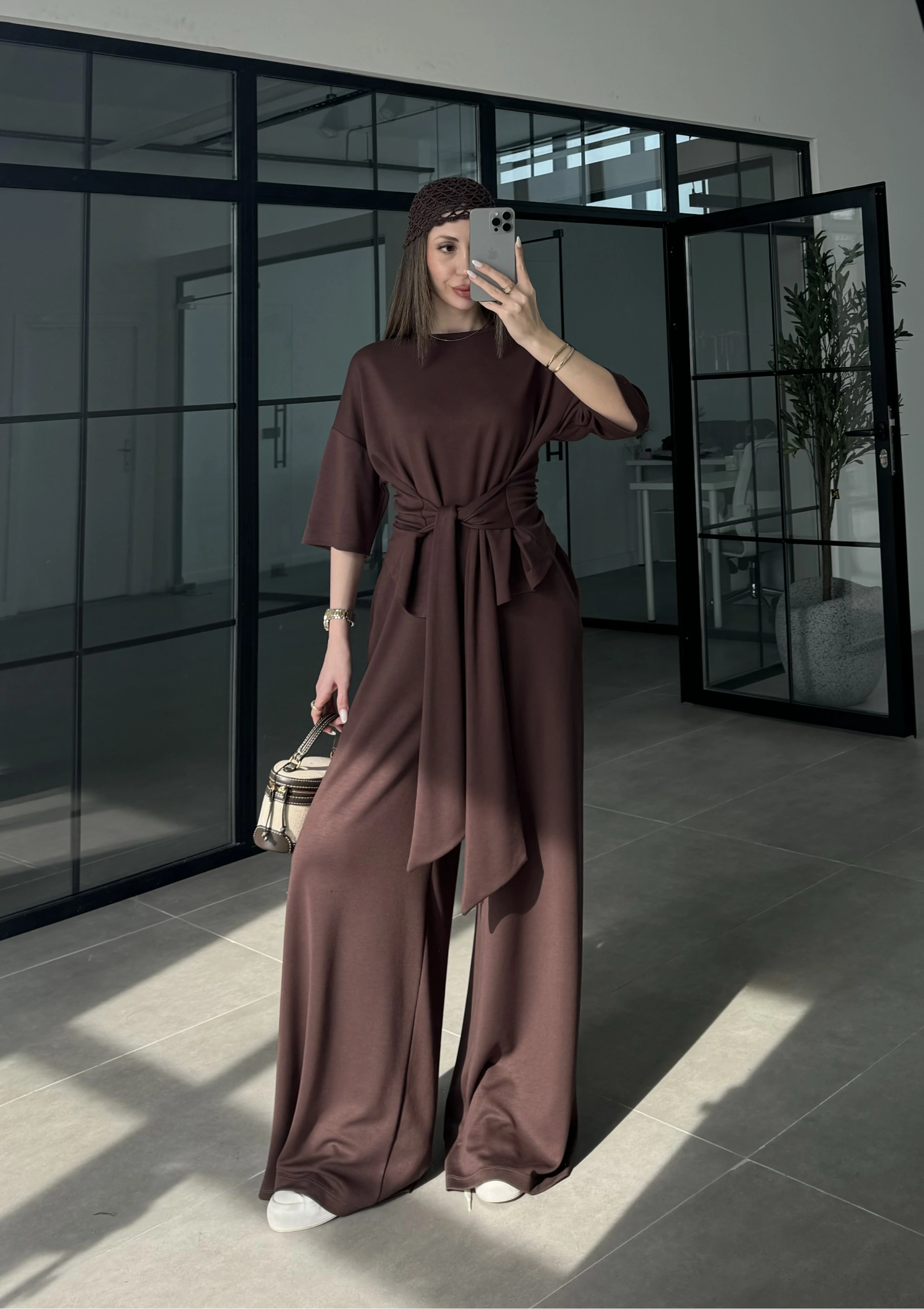 Önden Bağlamalı Model Kumaş Kahve Takım