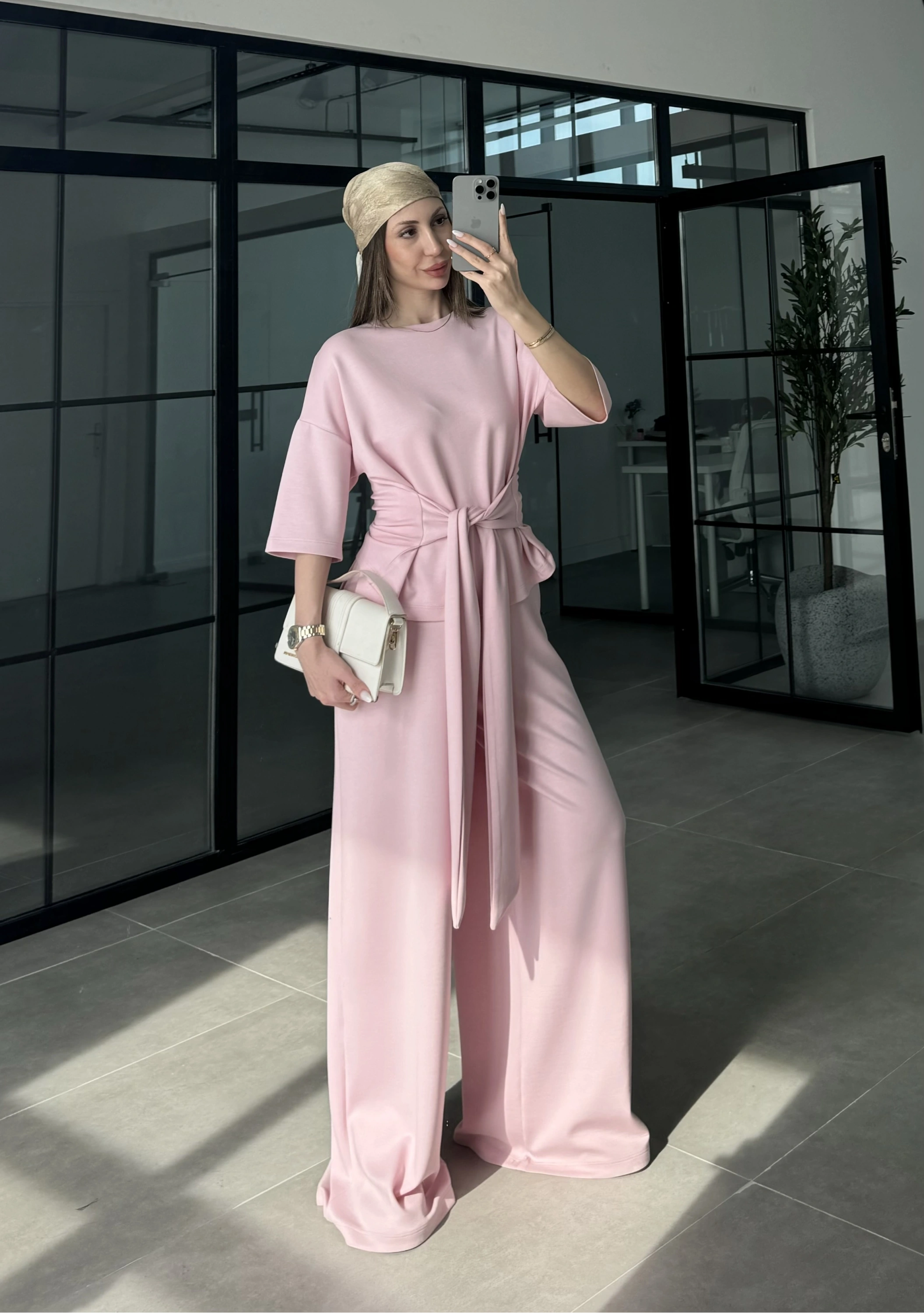 Önden Bağlamalı Model Kumaş Pembe Takım