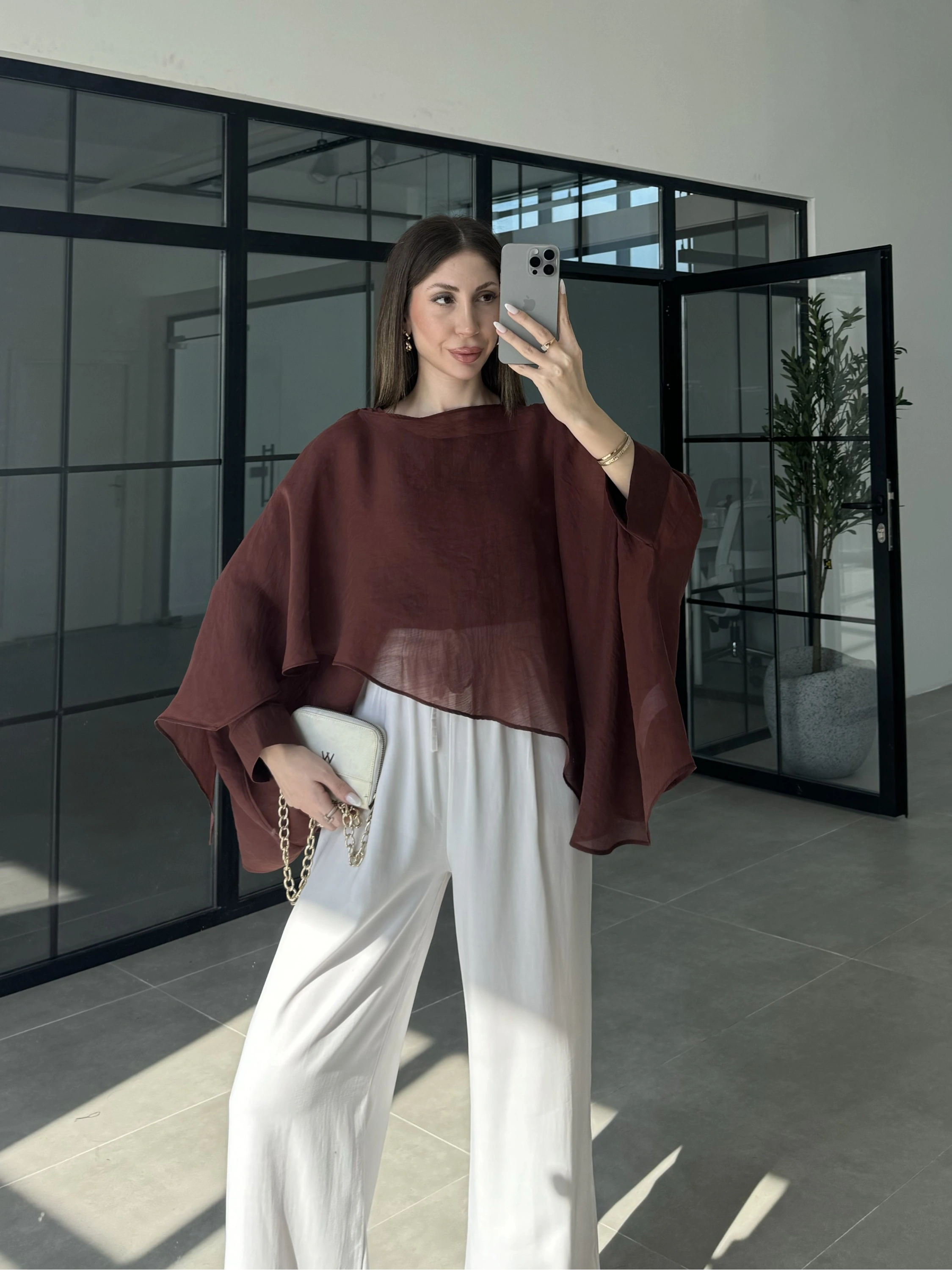 Uçuşan Pelerin Tarçın Tül Bluz