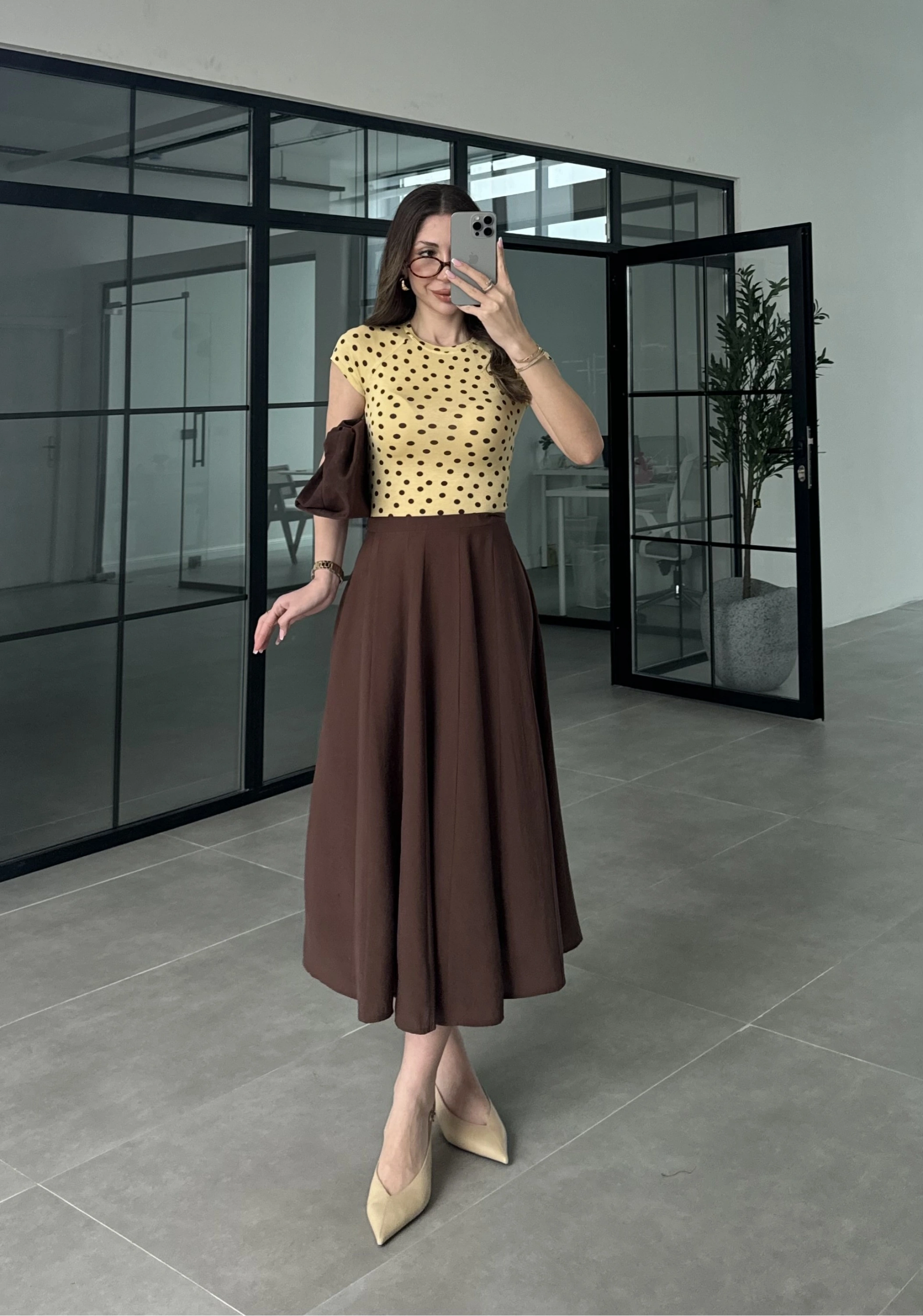 Puantiyeli Likralı Sarı Crop