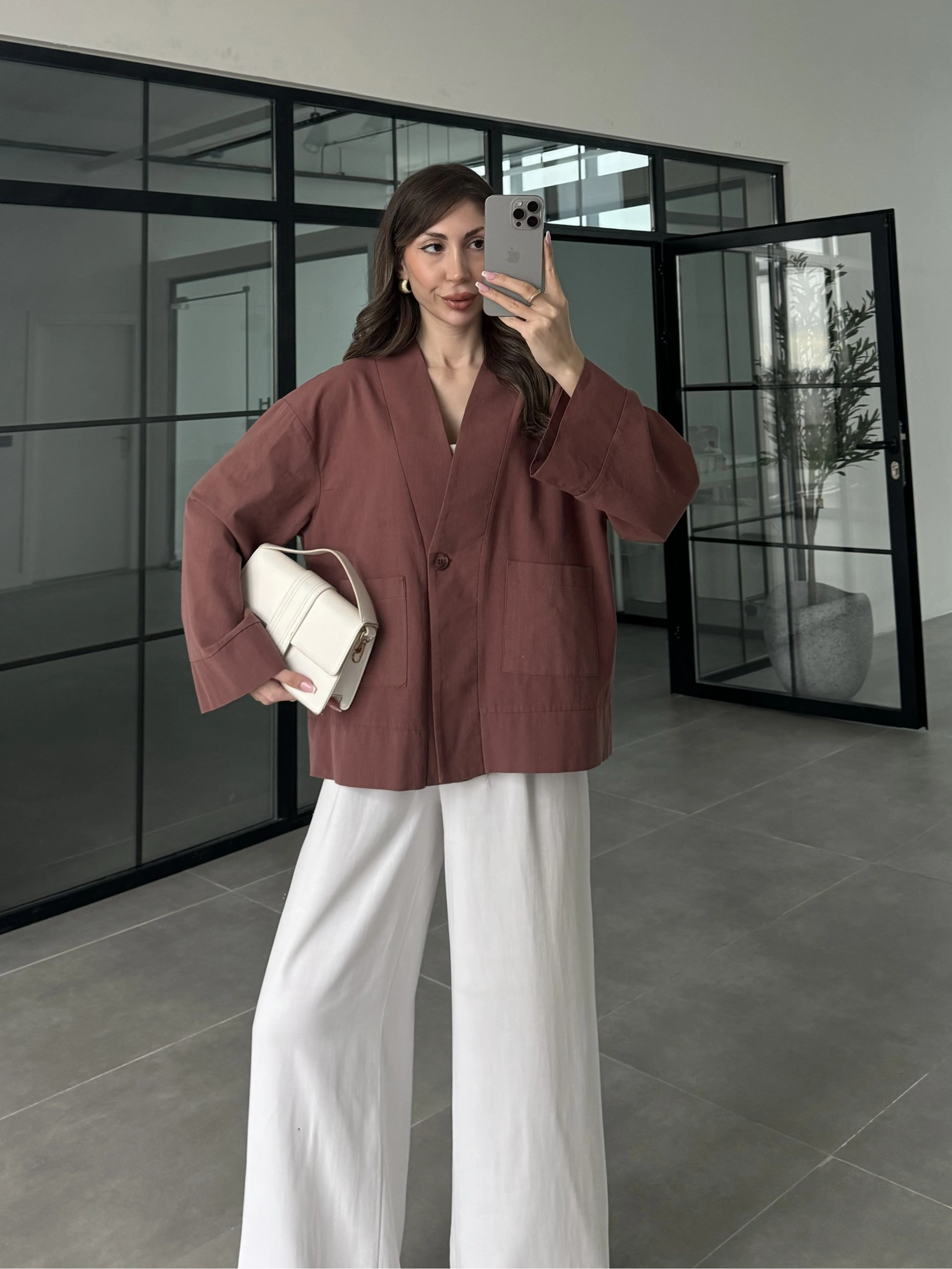 V Yaka Tek Düğme Keten Kiremit Kimono Ceket