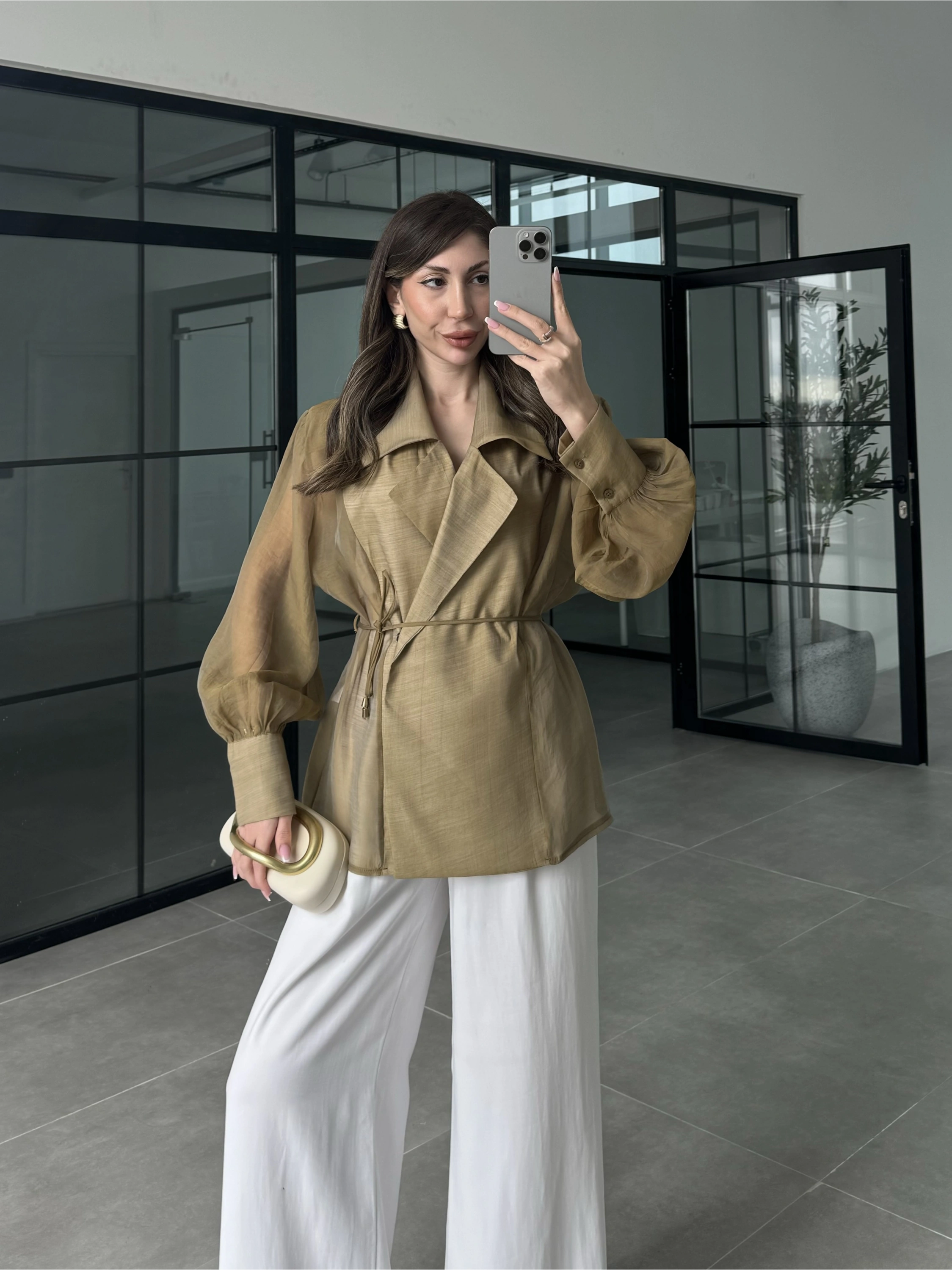 Kuşaklı Balonkol Olive Tül Bluz