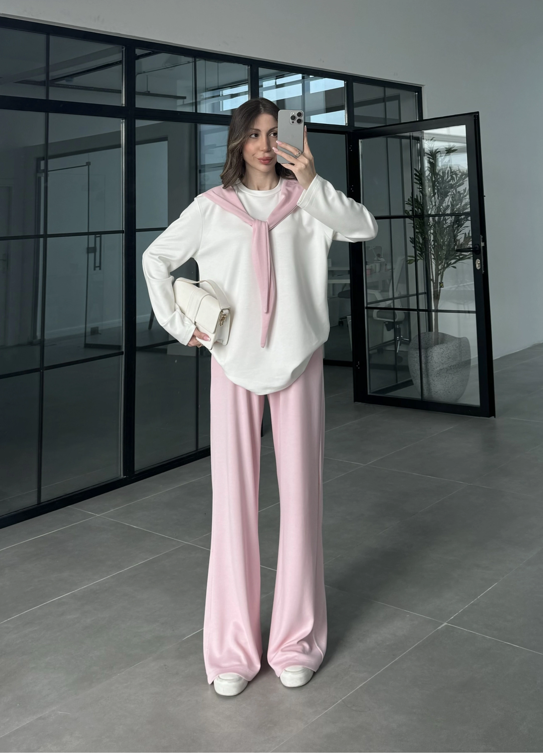 Uzunkollu Oysh Kumaş Fular Detaylı Pembe Takım