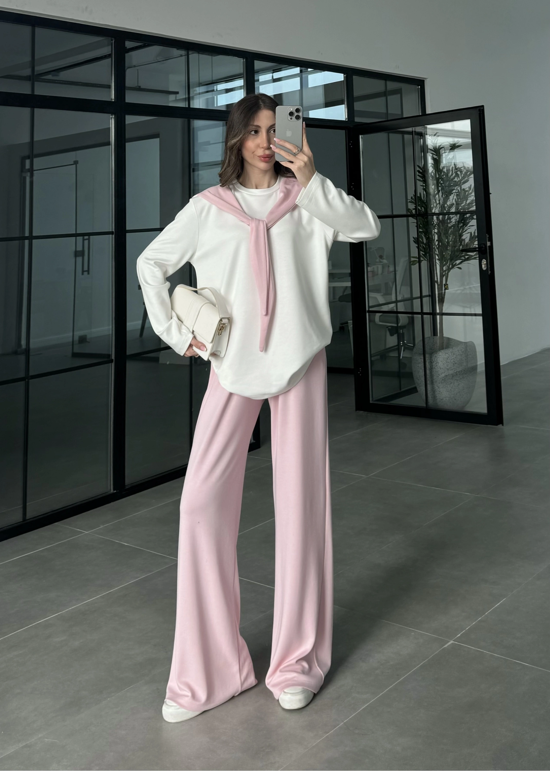 Uzunkollu Oysh Kumaş Fular Detaylı Pembe Takım