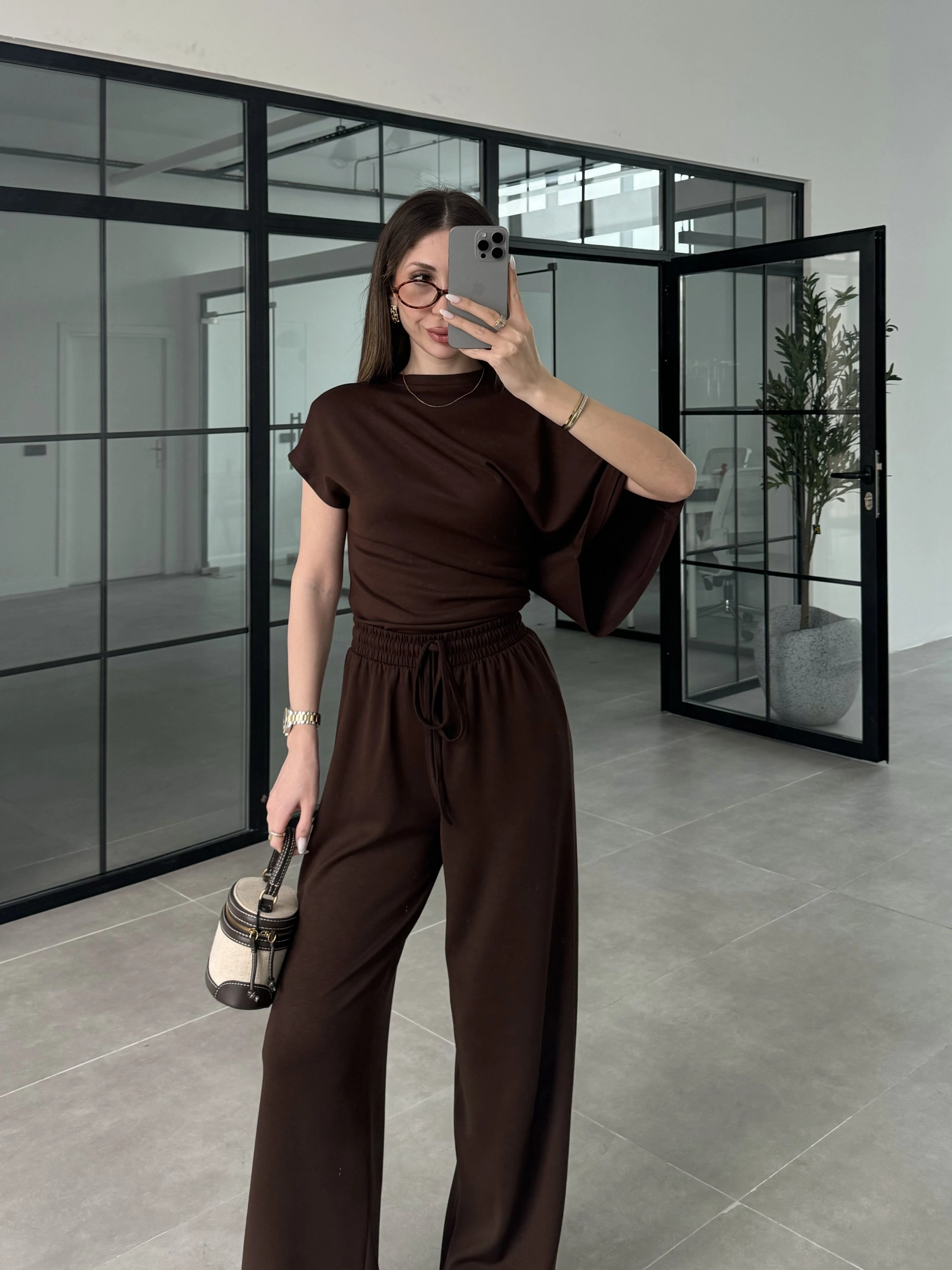 Zr Model Modal Kumaş Tek Kol Yarasa Kahve Büzgülü Takım