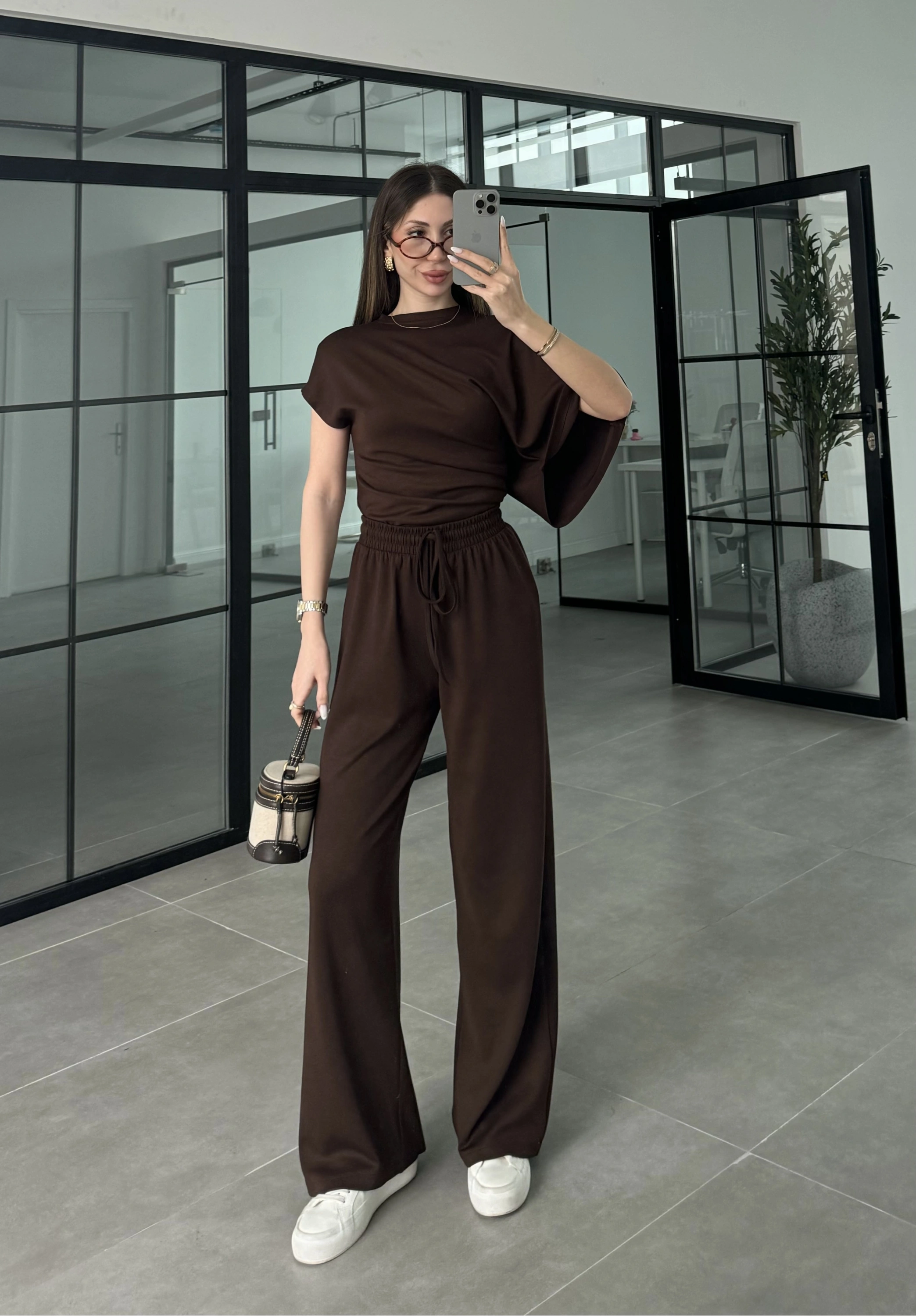 Zr Model Modal Kumaş Tek Kol Yarasa Kahve Büzgülü Takım