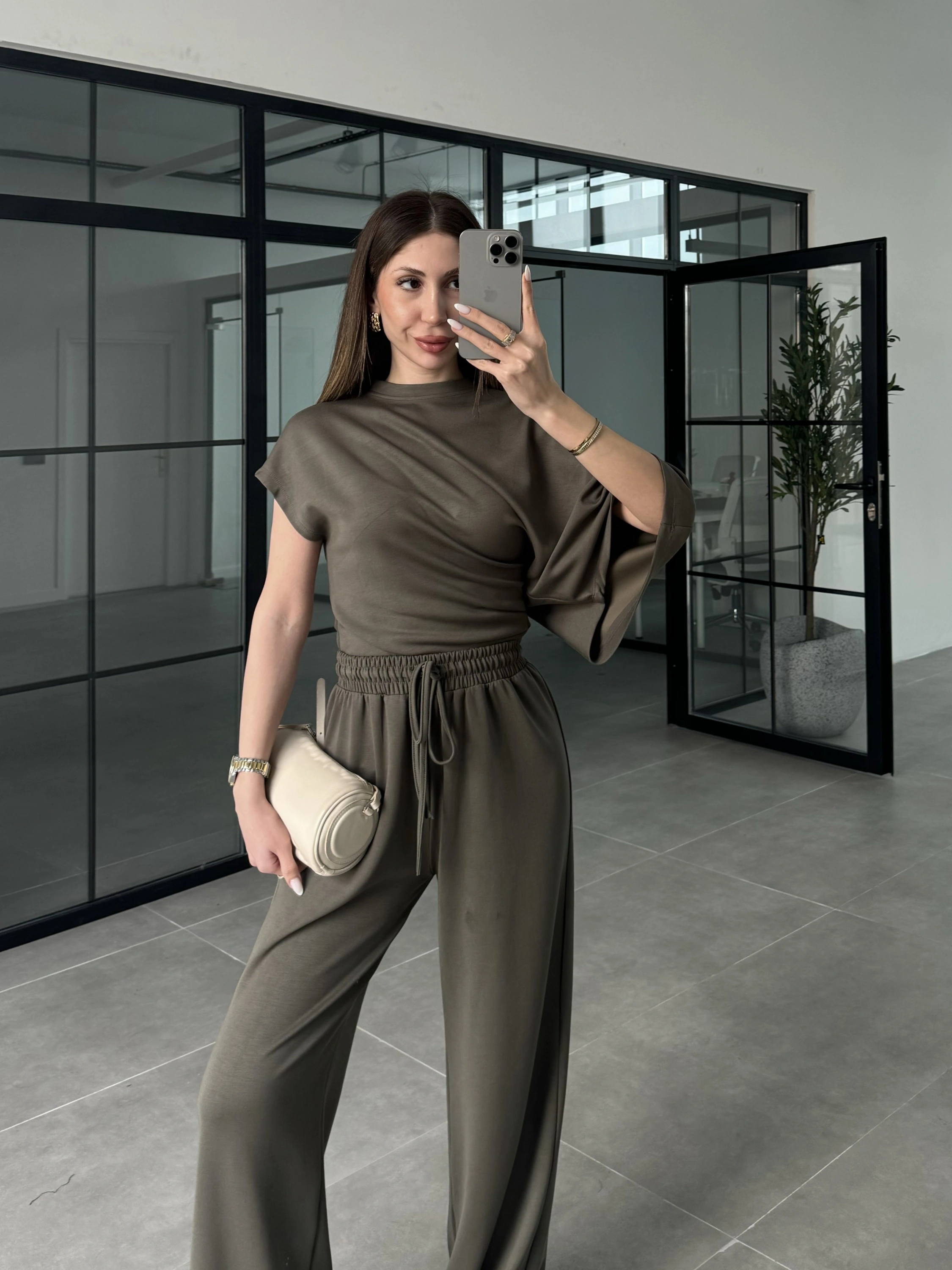 Zr Model Modal Kumaş Tek Kol Yarasa Haki Büzgülü Takım