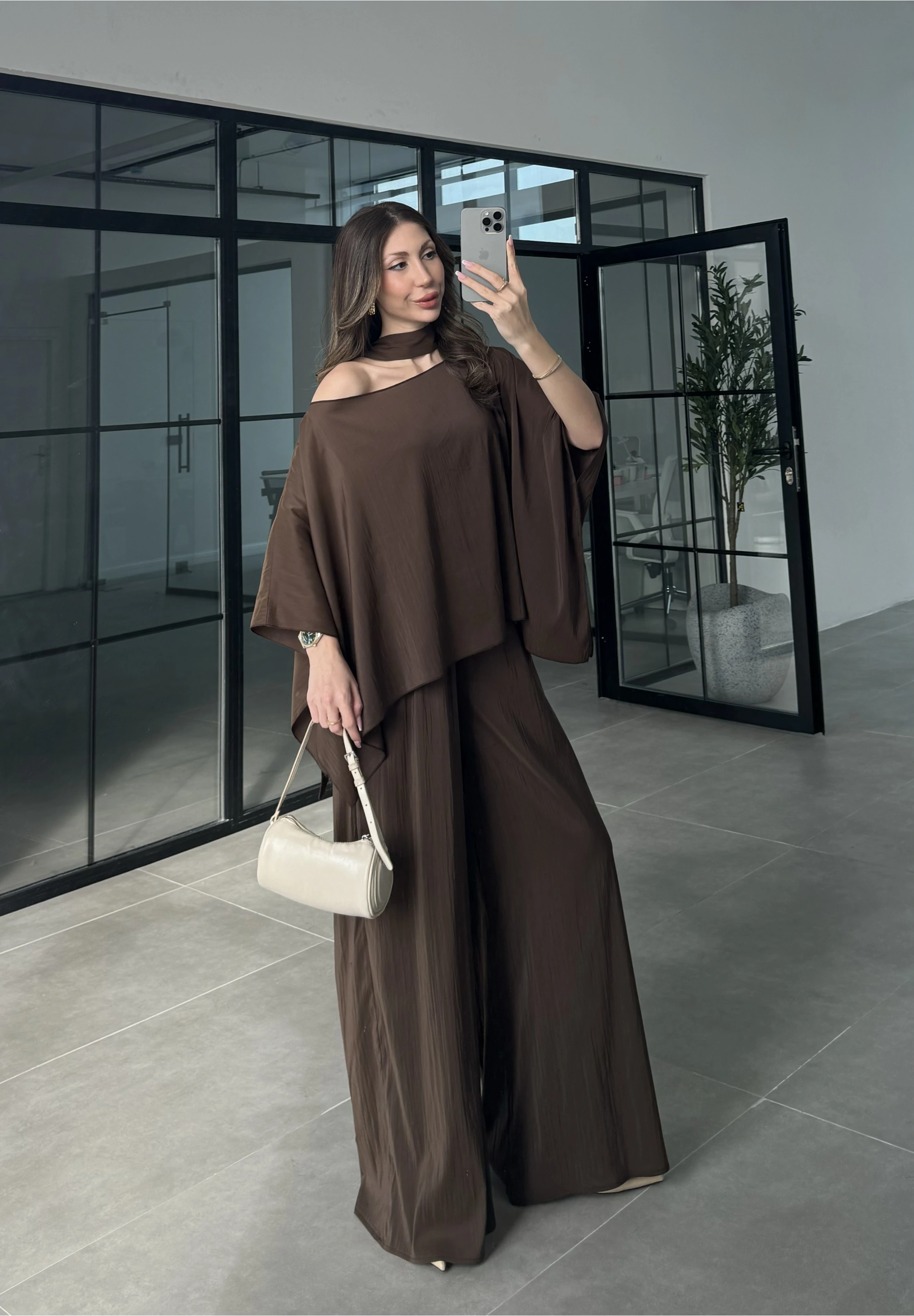 İthal Kumaş Şal Detaylı Kahve Takım