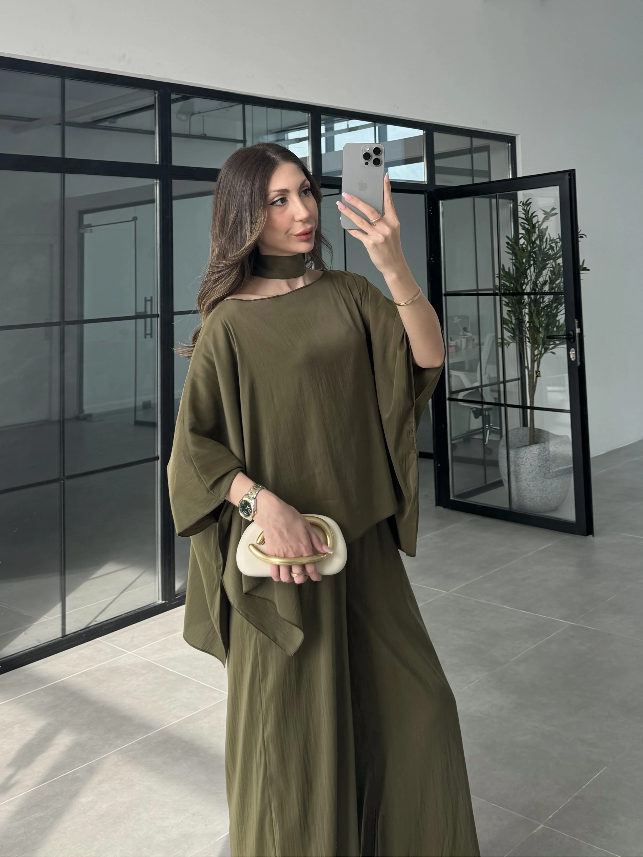 İthal Kumaş Şal Detaylı Haki Takım