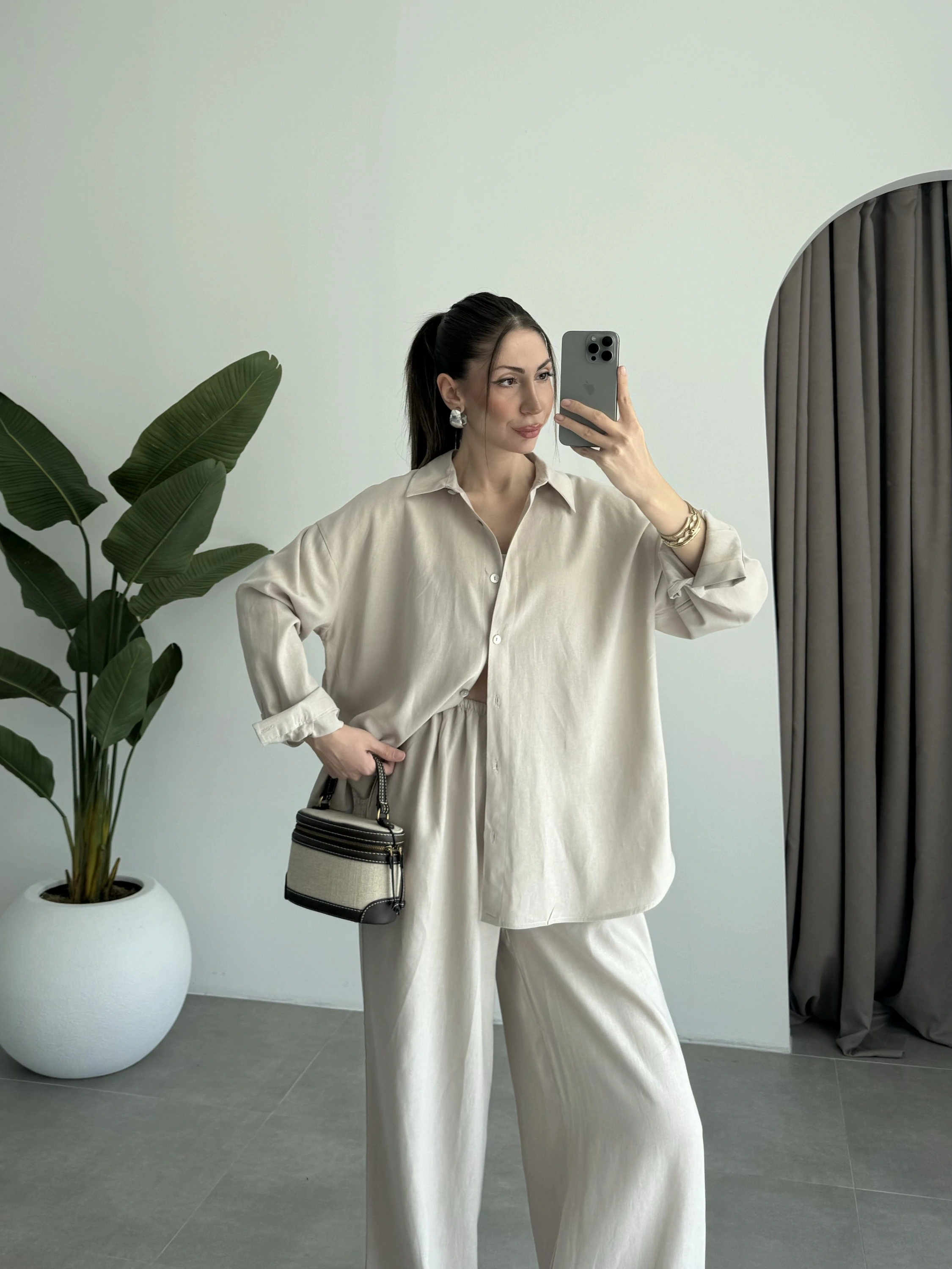 Anna Oversize Keten Bej Palazzo Takım