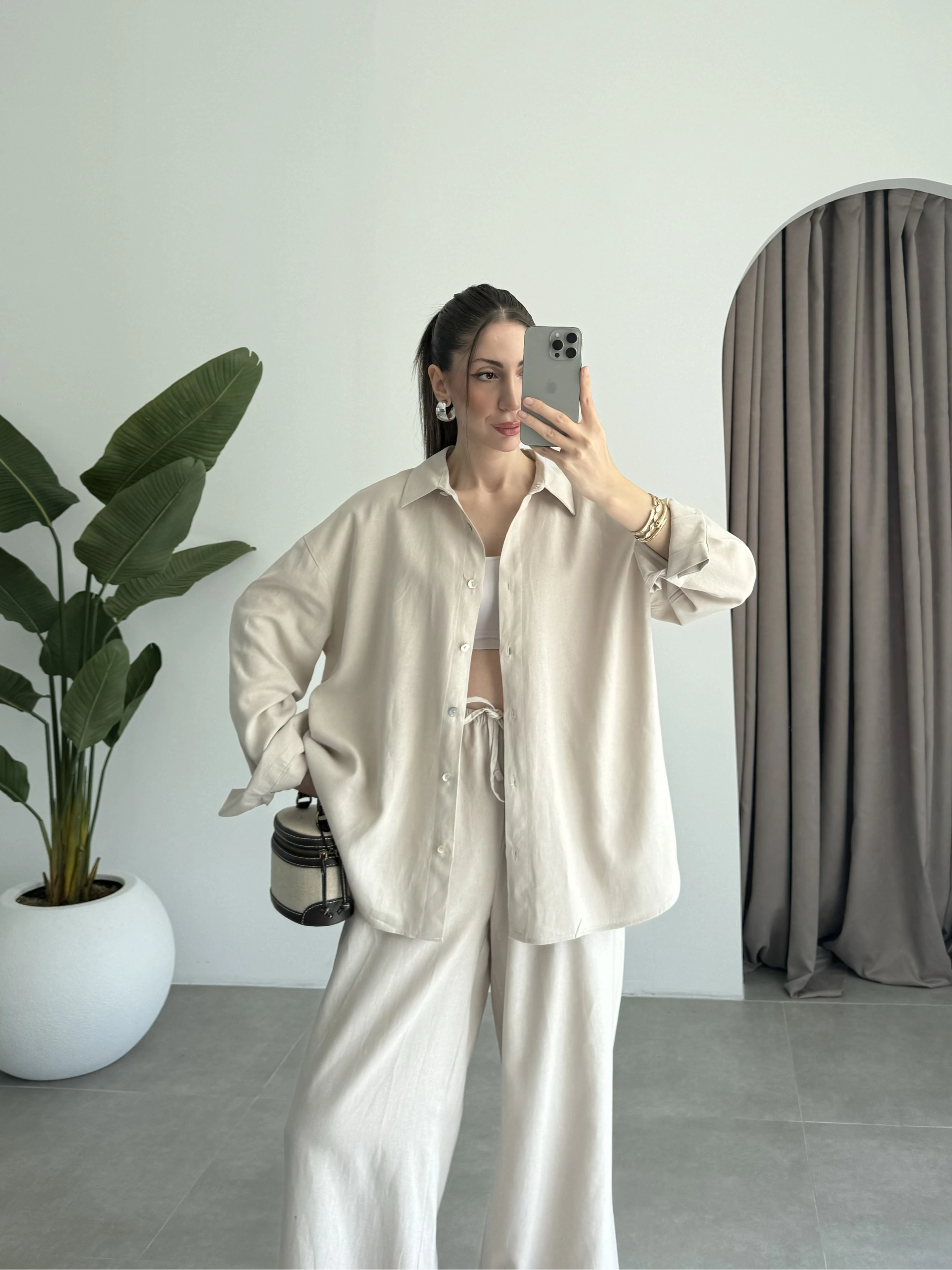 Anna Oversize Keten Bej Palazzo Takım