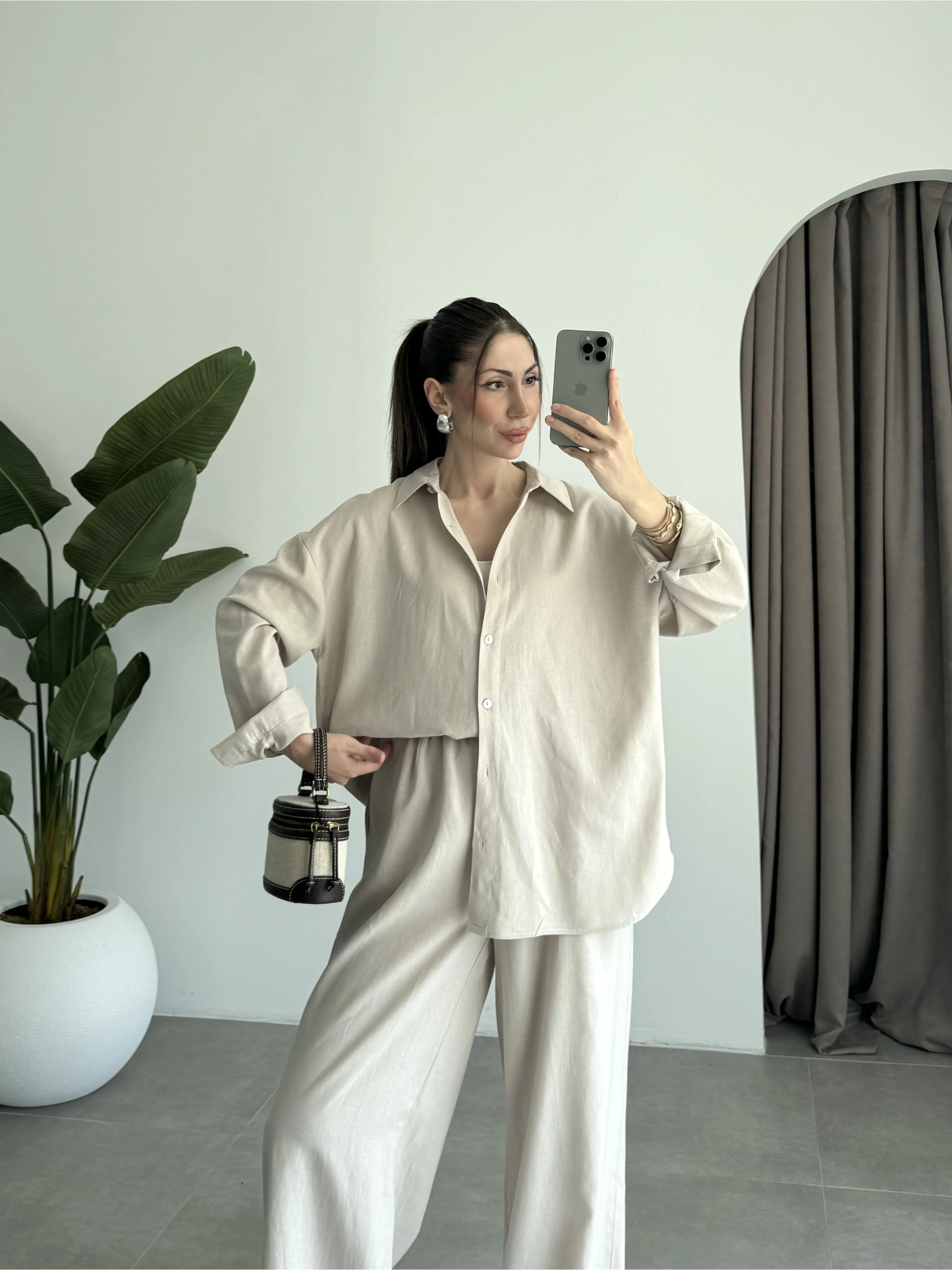 Anna Oversize Keten Bej Palazzo Takım