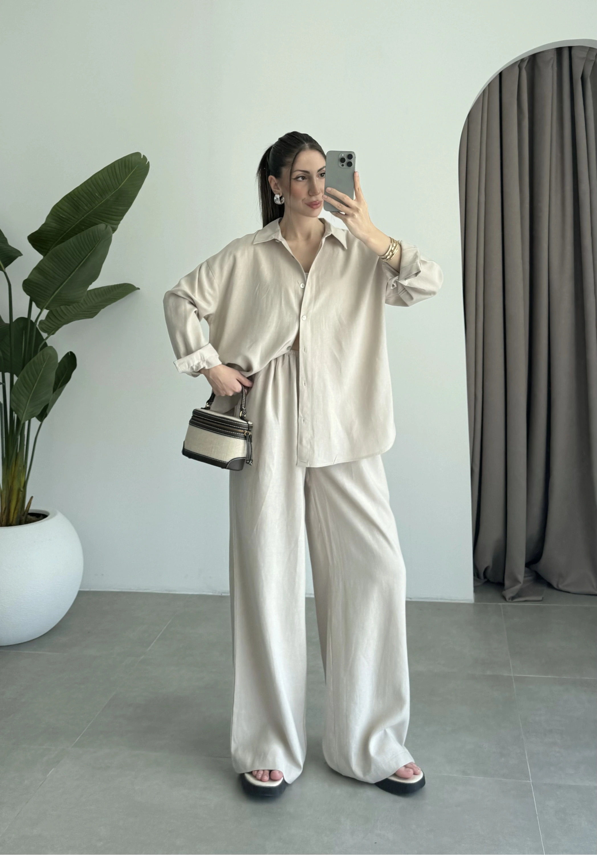 Anna Oversize Keten Bej Palazzo Takım