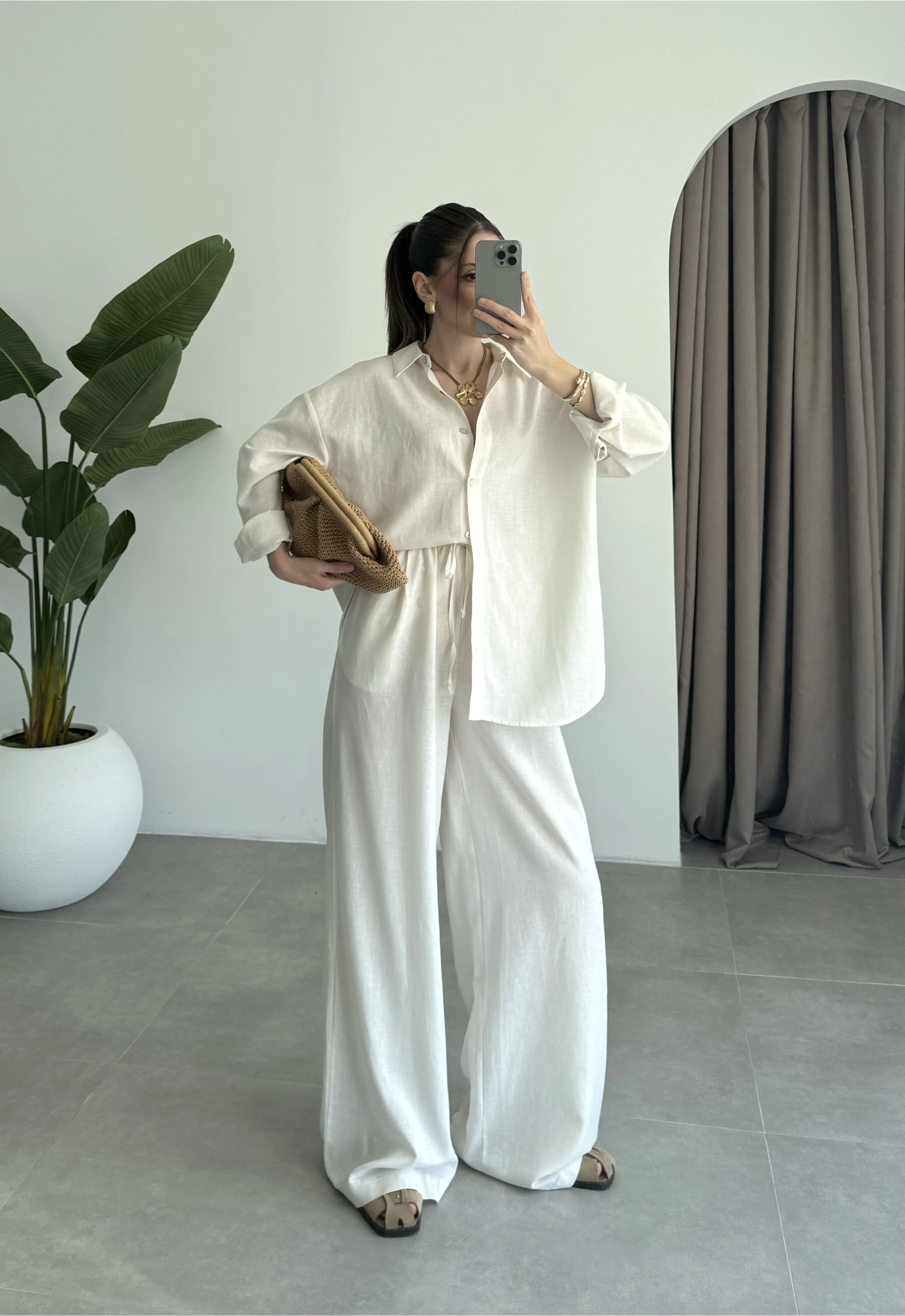 Anna Oversize Keten Ekru Palazzo Takım