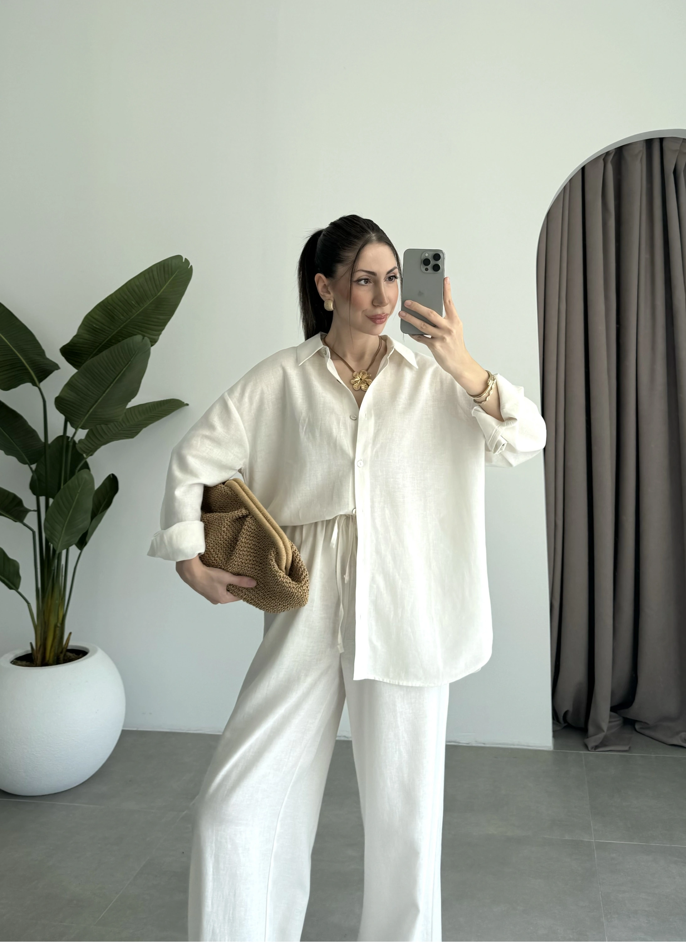 Anna Oversize Keten Ekru Palazzo Takım