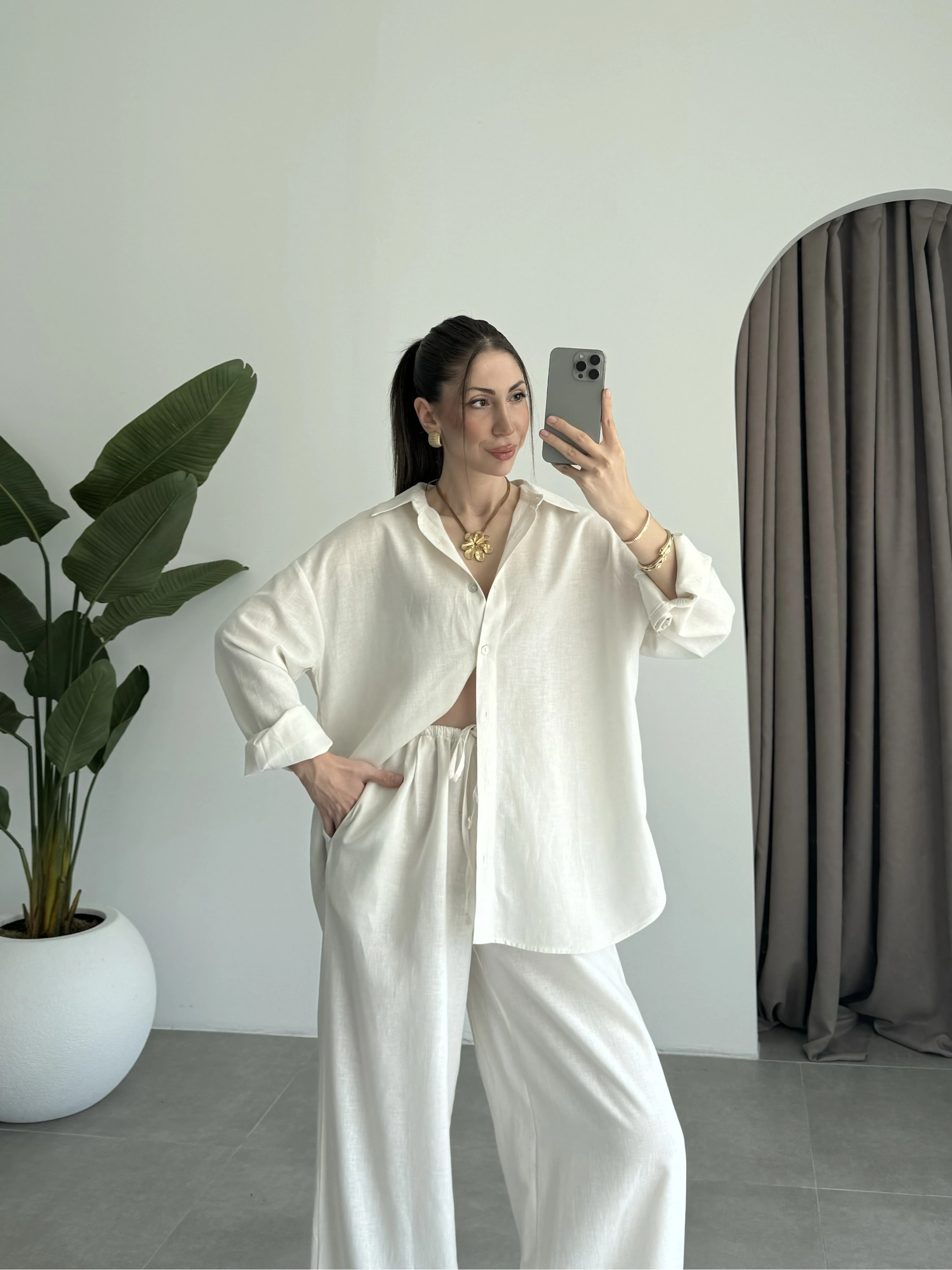 Anna Oversize Keten Ekru Palazzo Takım