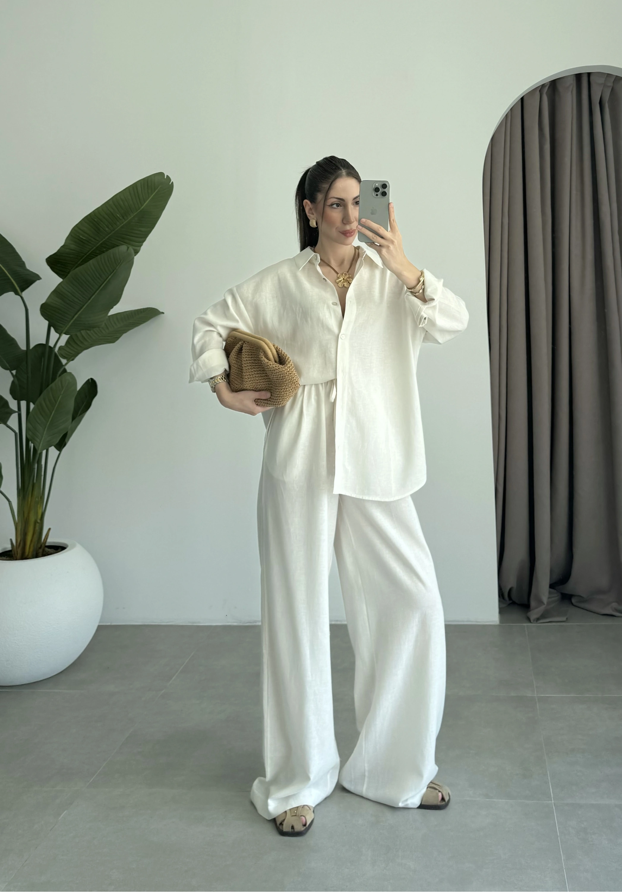 Anna Oversize Keten Ekru Palazzo Takım