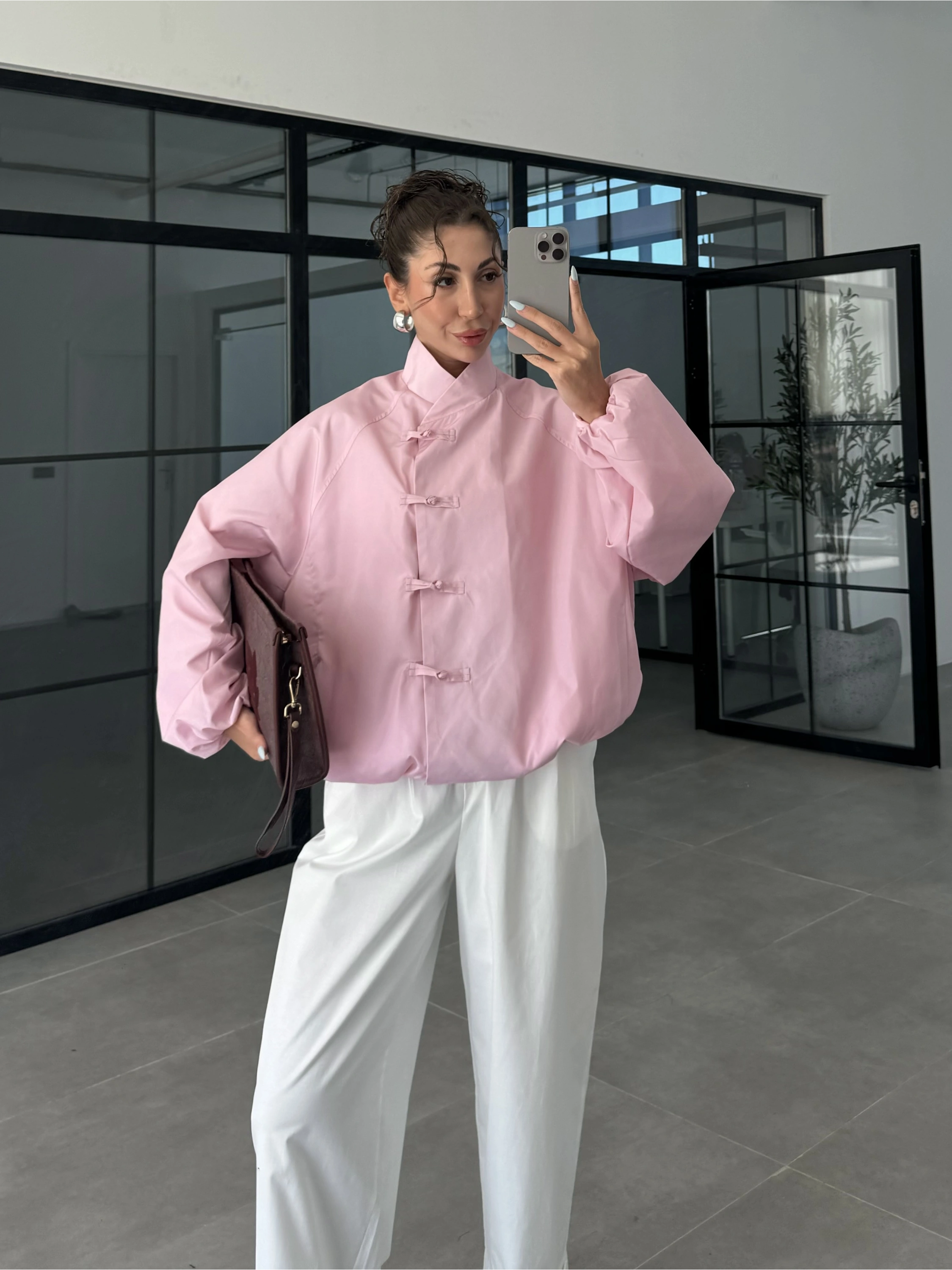 Birit Detaylı Pembe Paraşüt Ceket