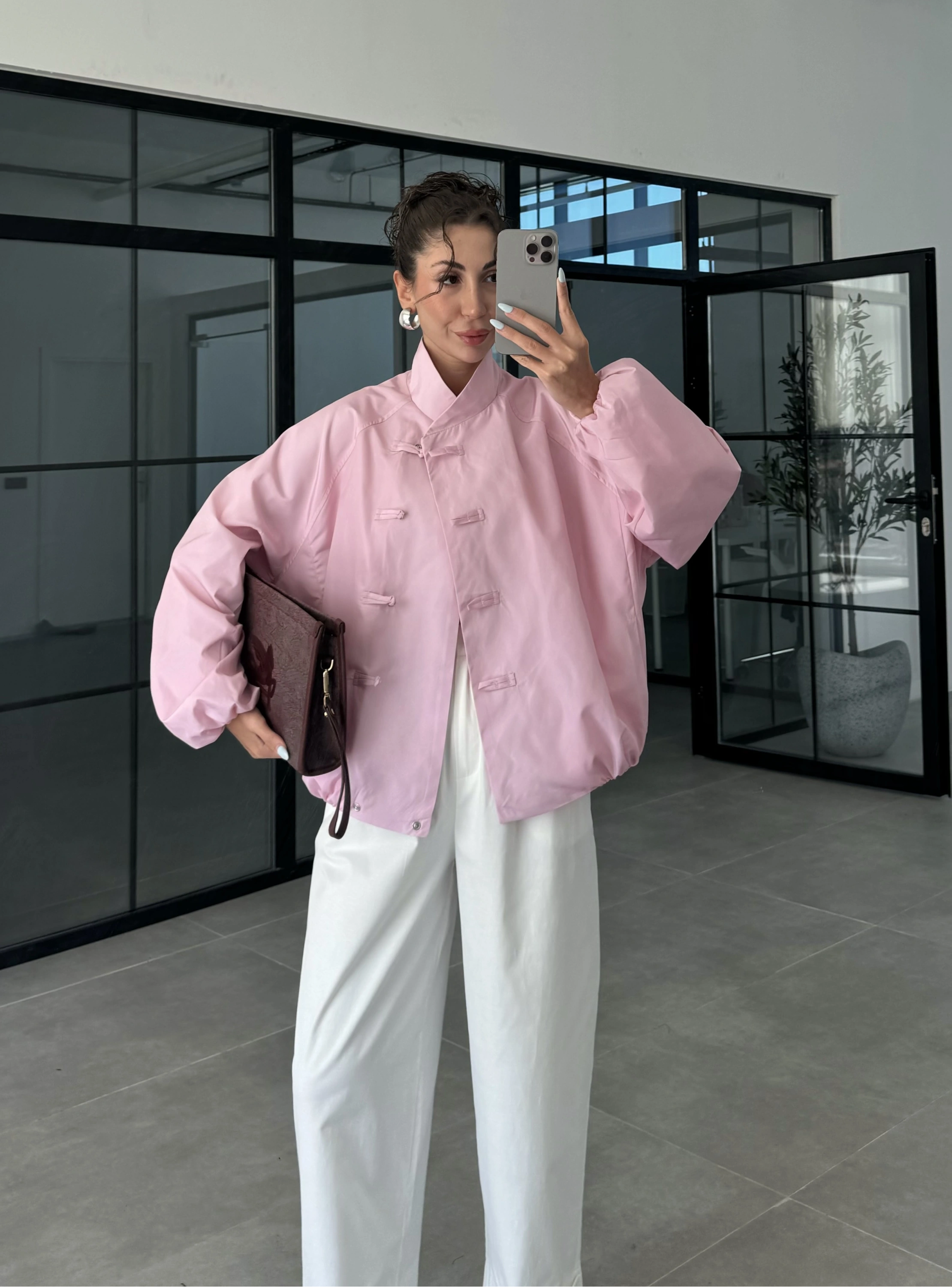 Birit Detaylı Pembe Paraşüt Ceket