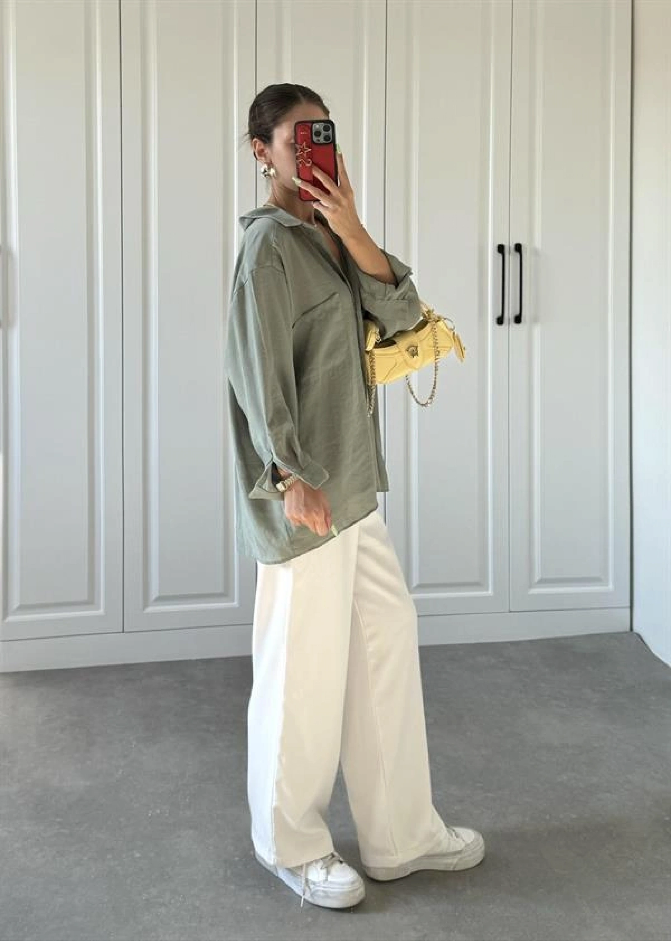 Çağla Yeşili Oversize Tensel Gömlek