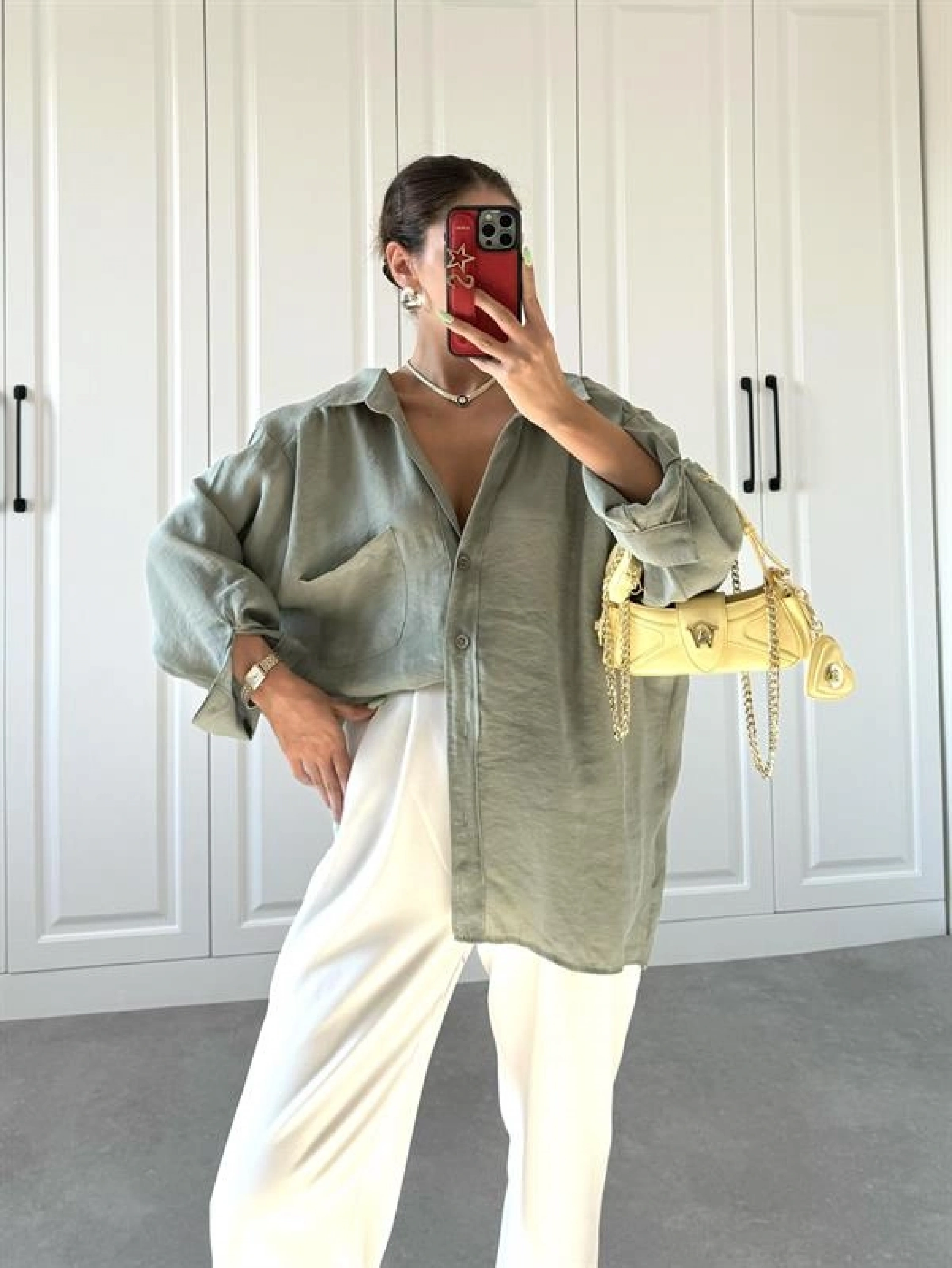 Çağla Yeşili Oversize Tensel Gömlek