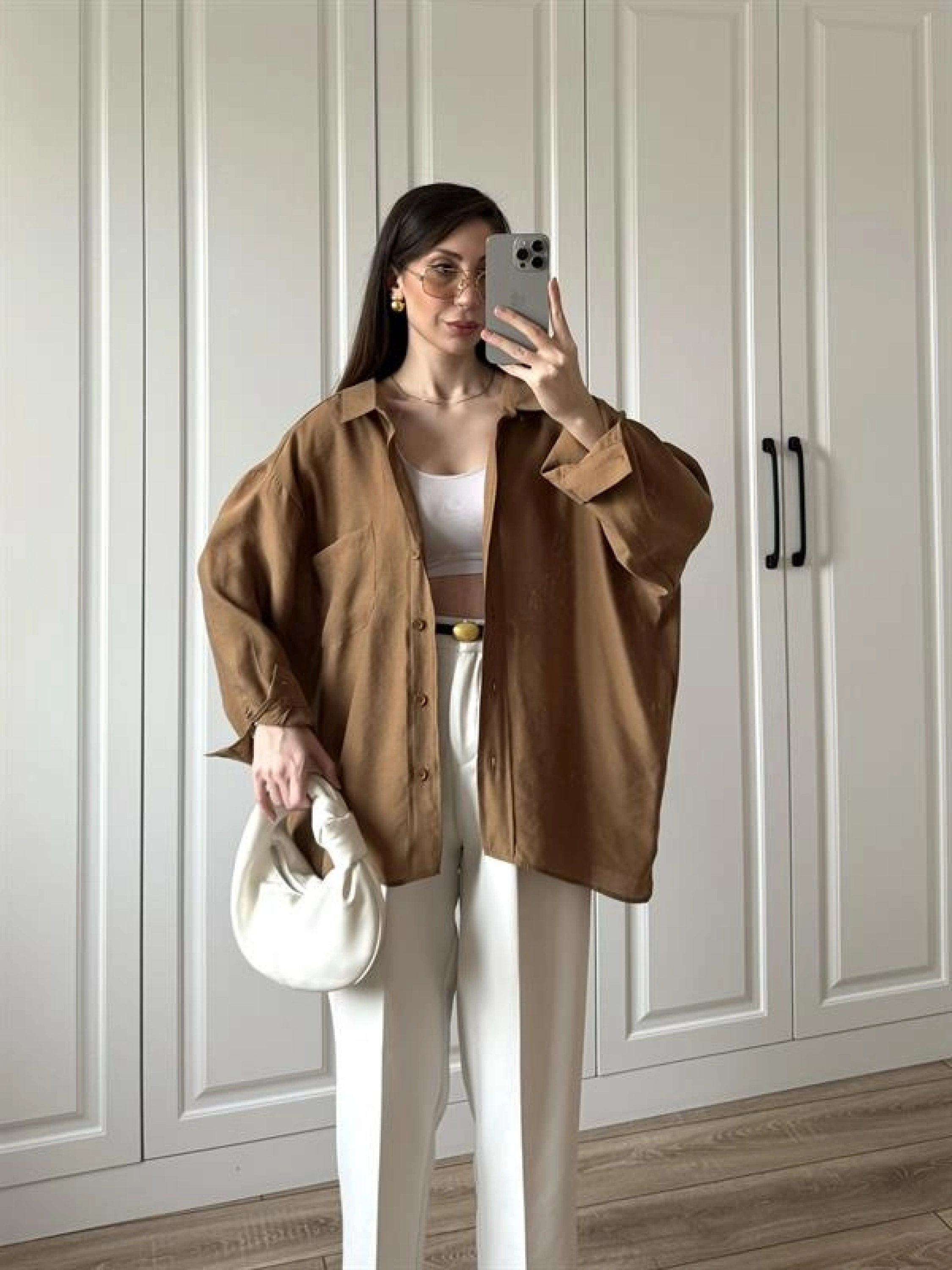 Camel Oversize Tensel Gömlek