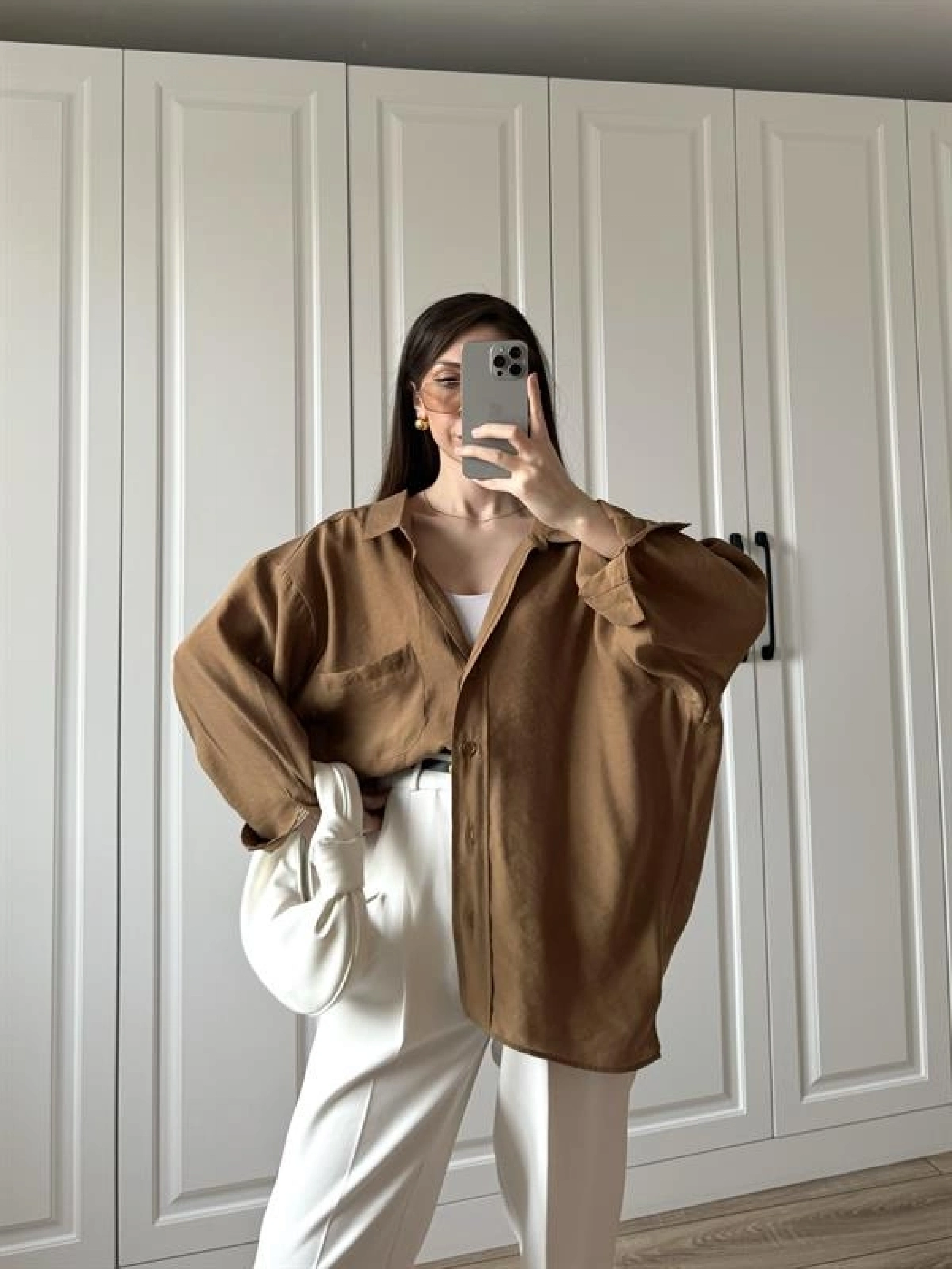 Camel Oversize Tensel Gömlek