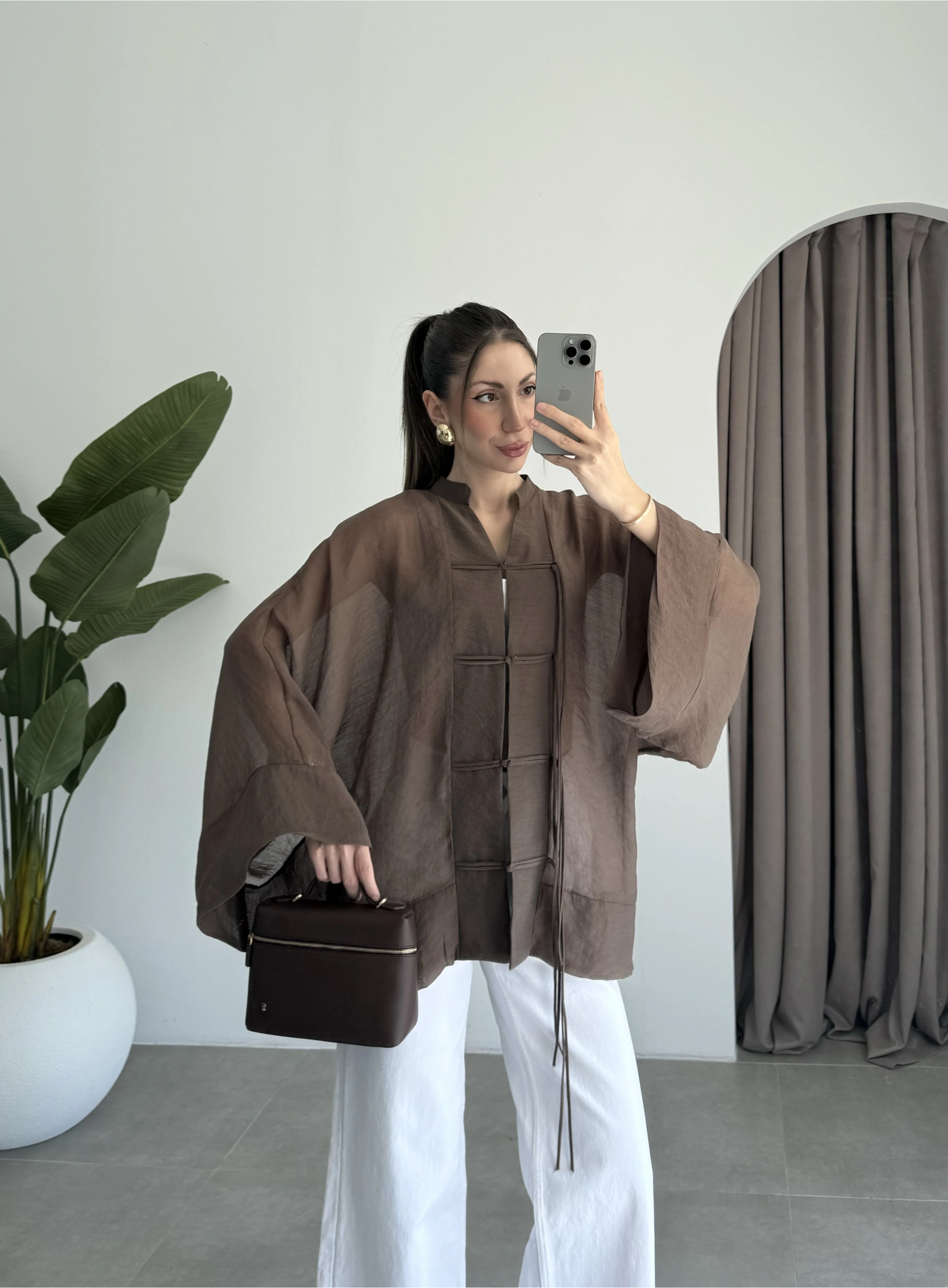 Çin Düğmeli Kahve Gömlek Kimono