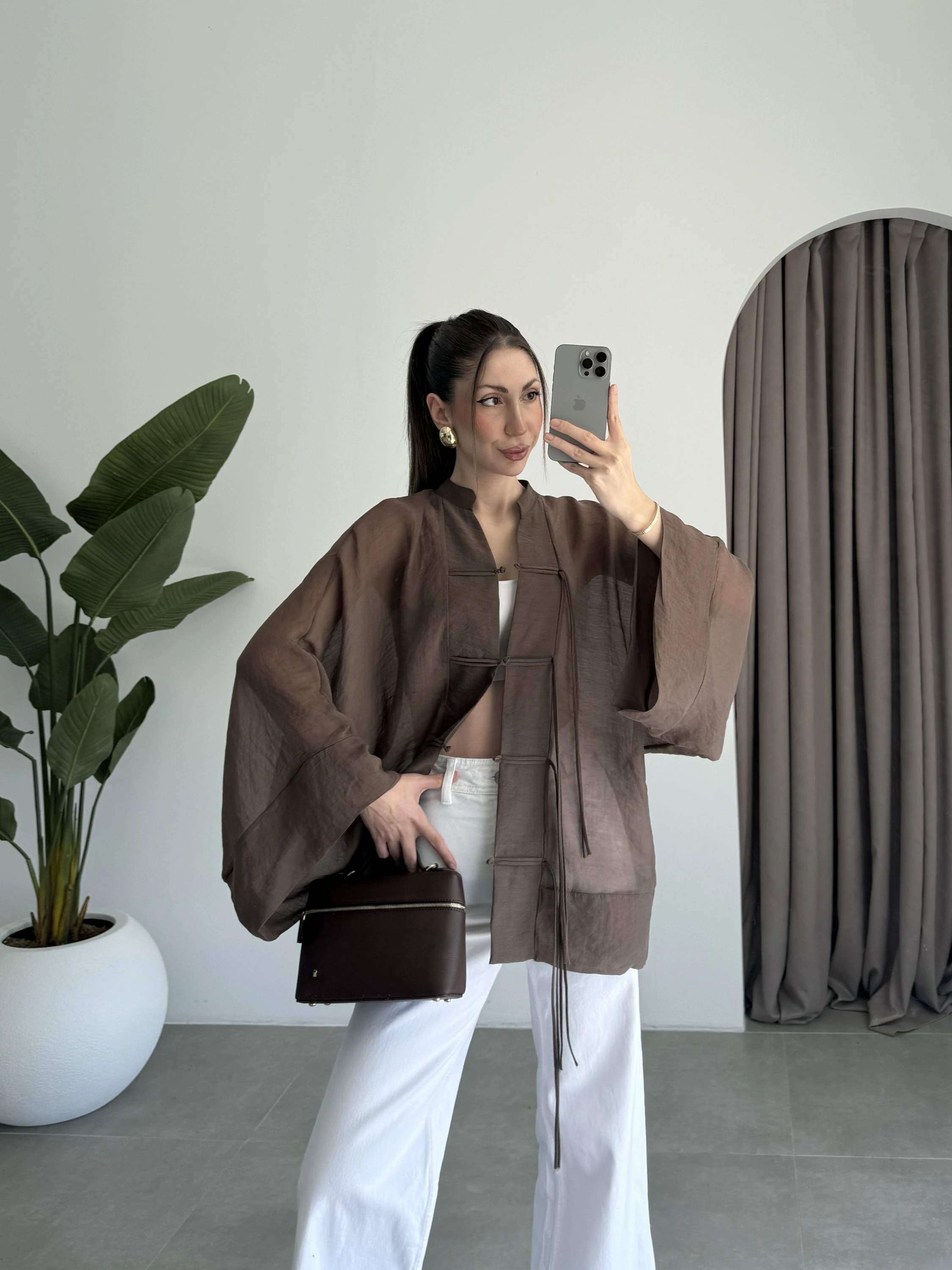 Çin Düğmeli Kahve Gömlek Kimono