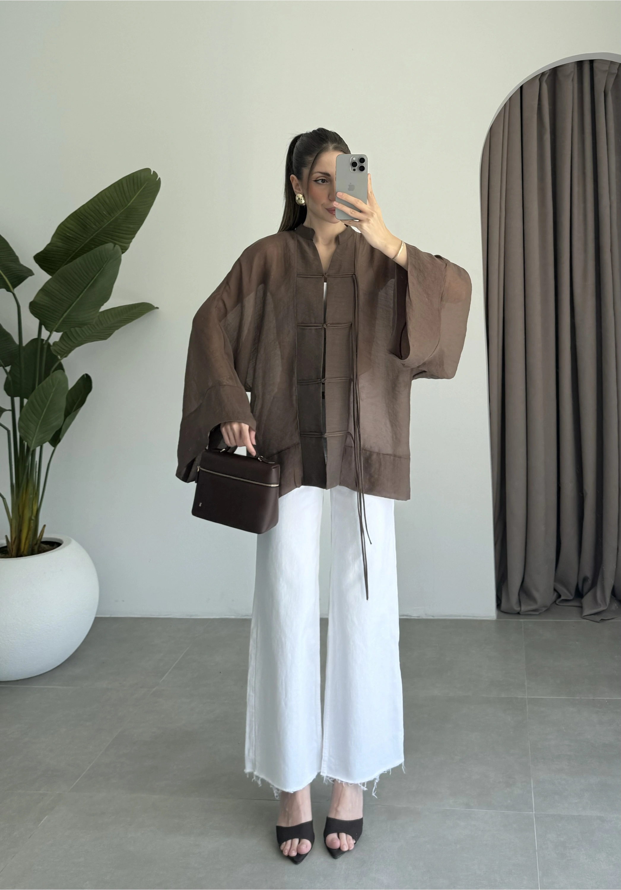 Çin Düğmeli Kahve Gömlek Kimono