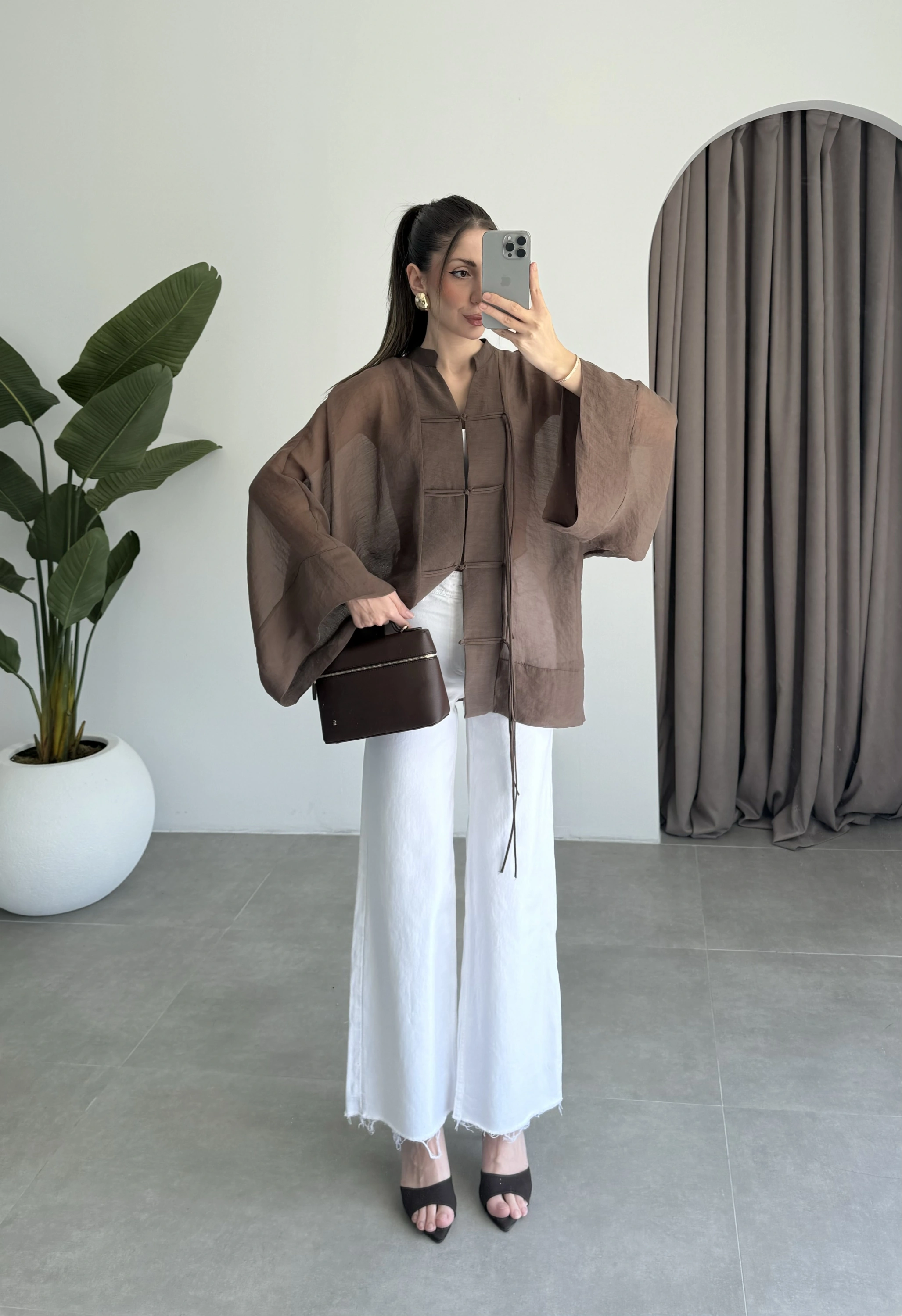 Çin Düğmeli Kahve Gömlek Kimono