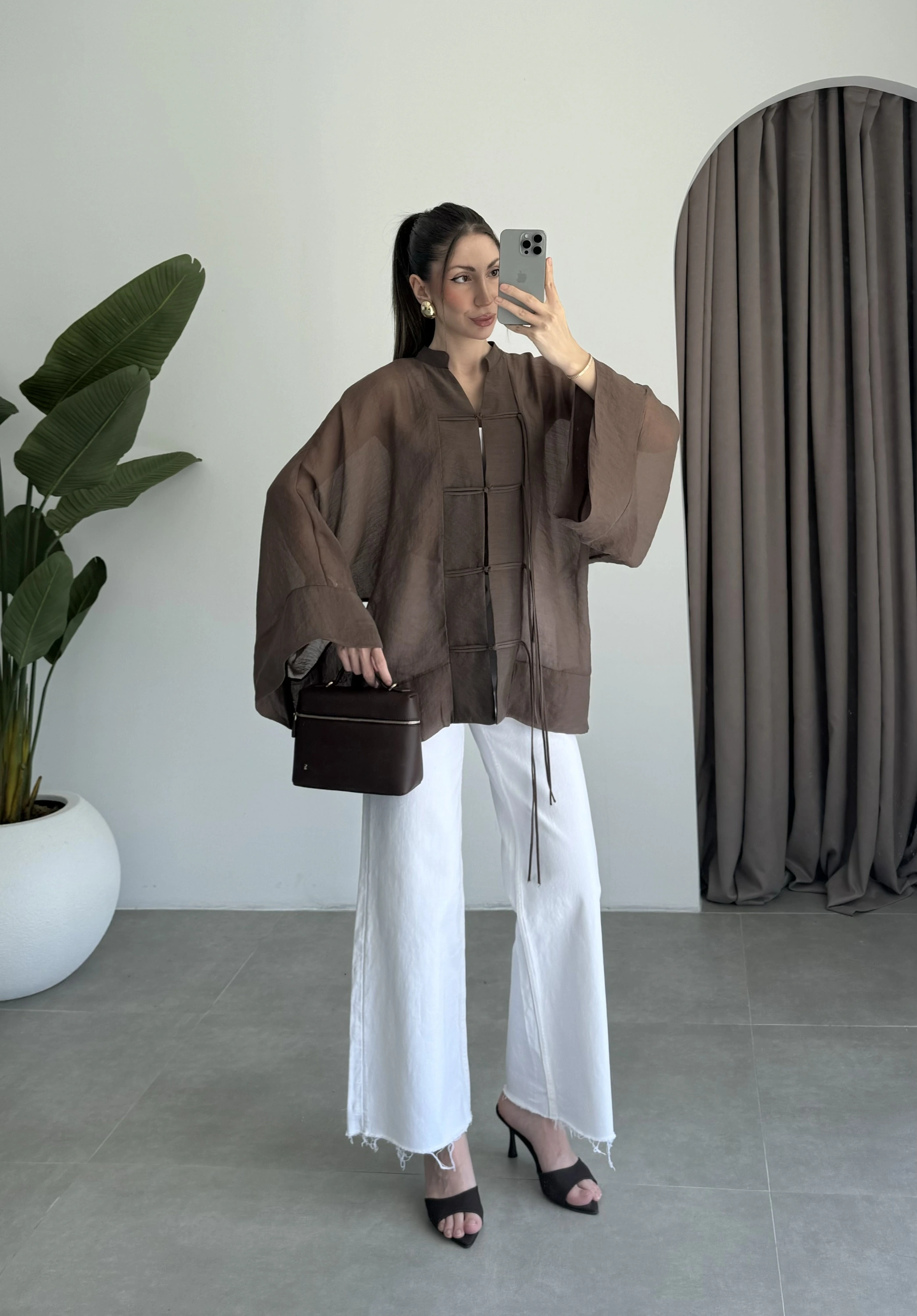 Çin Düğmeli Kahve Gömlek Kimono