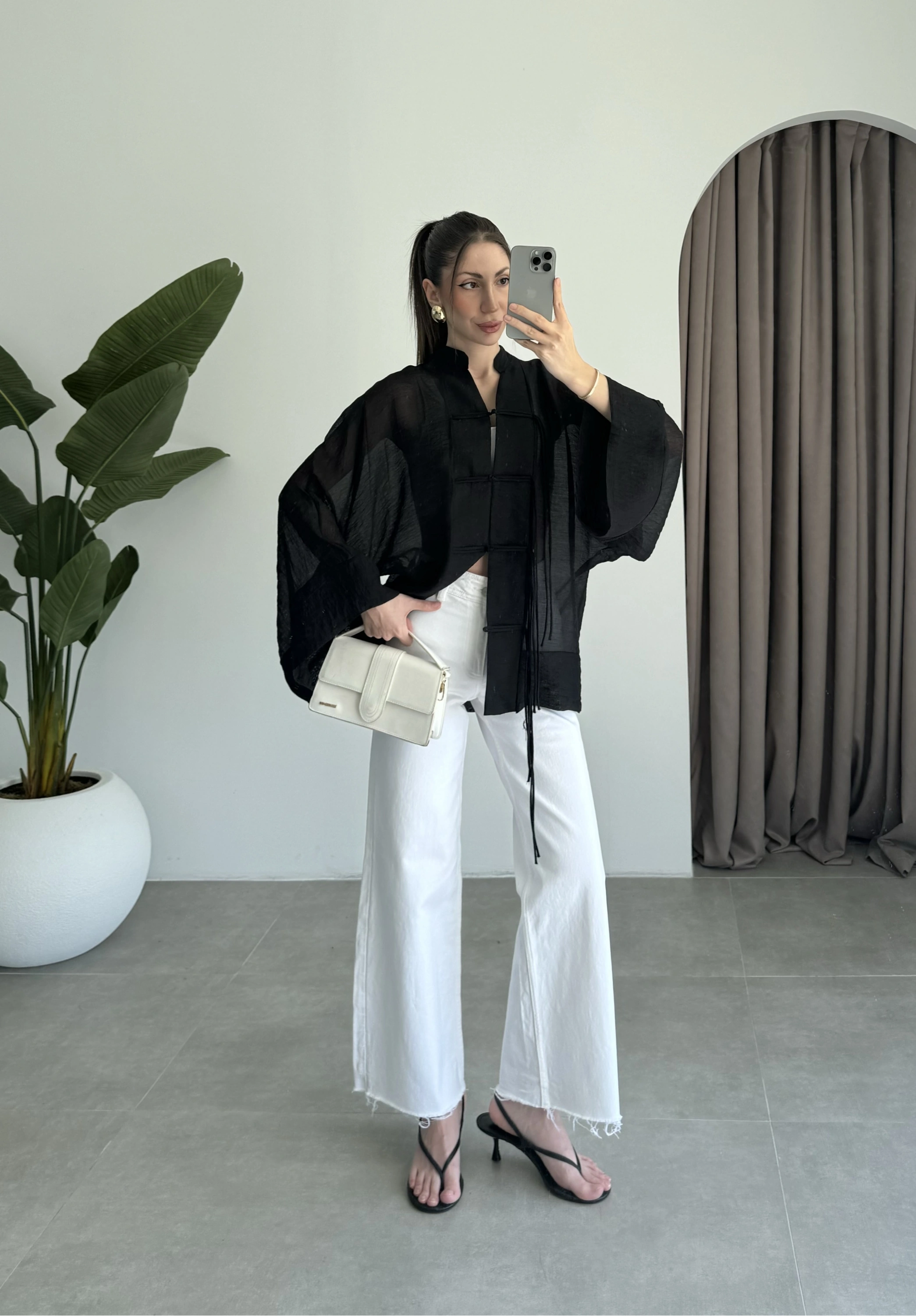 Çin Düğmeli Siyah Gömlek Kimono