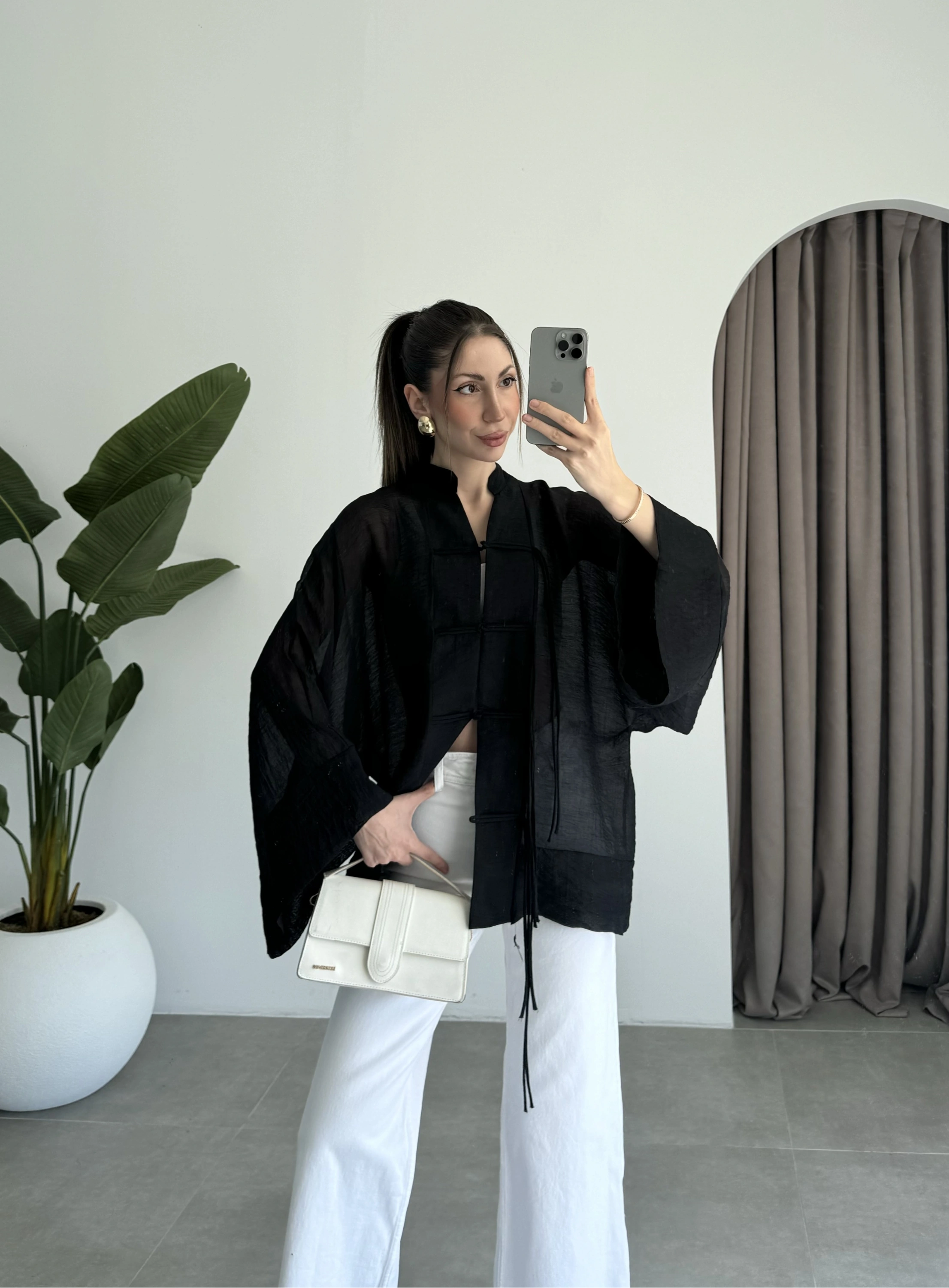 Çin Düğmeli Siyah Gömlek Kimono