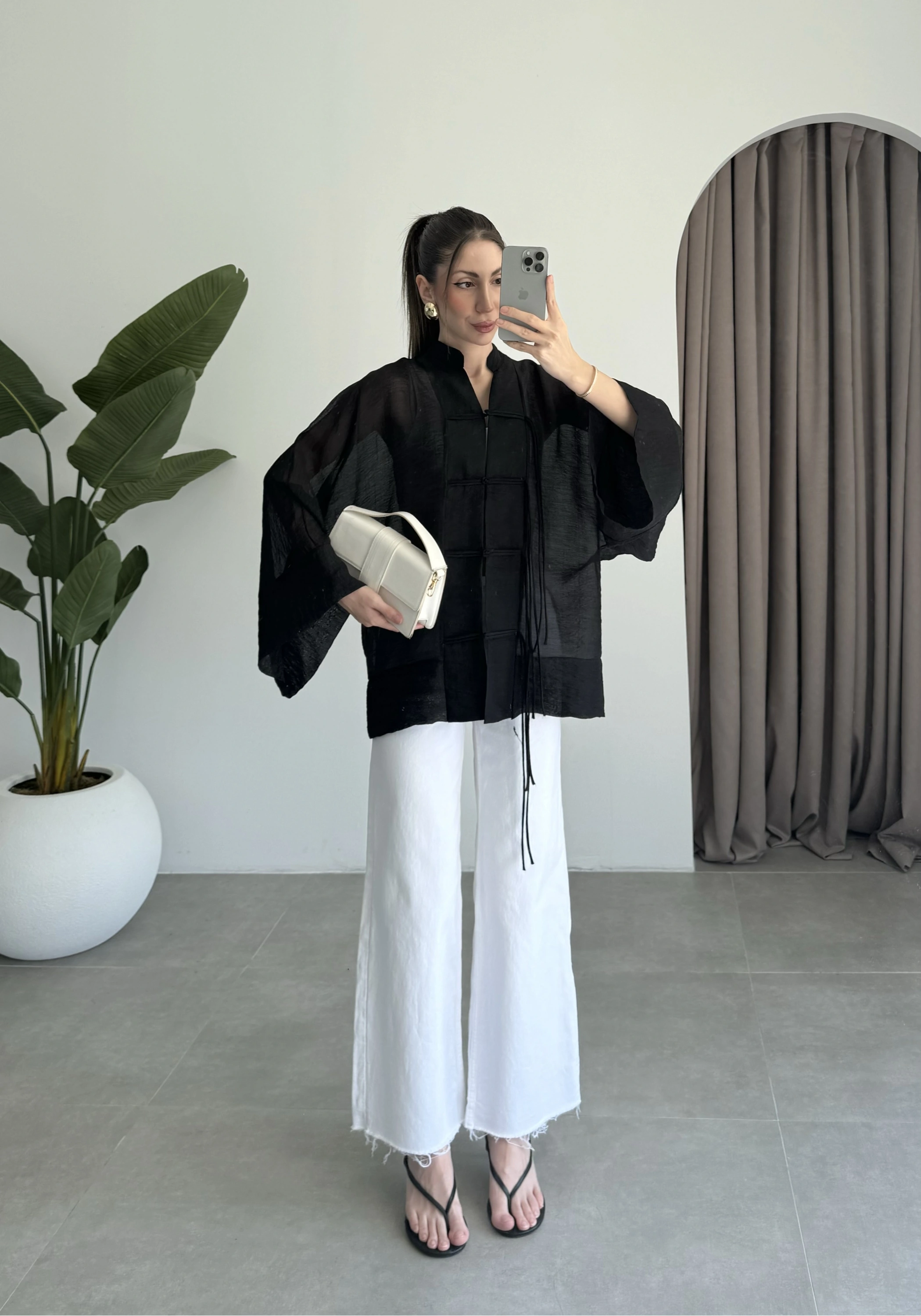 Çin Düğmeli Siyah Gömlek Kimono