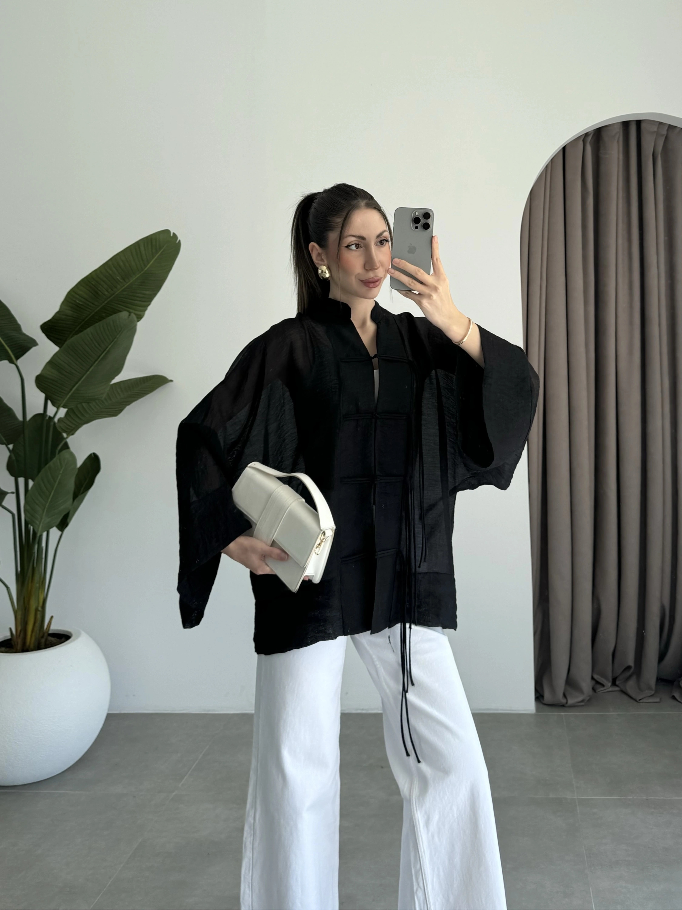 Çin Düğmeli Siyah Gömlek Kimono