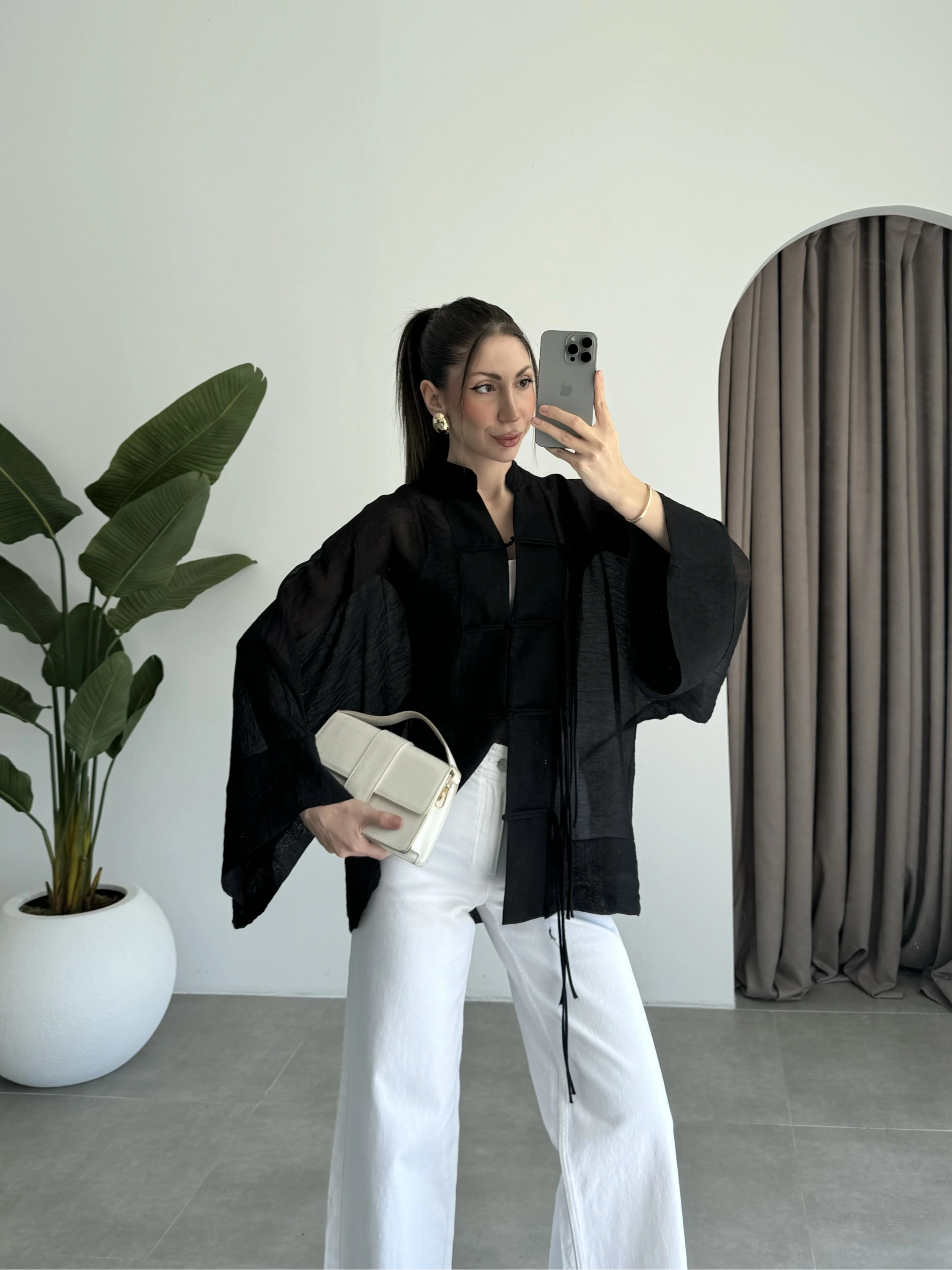 Çin Düğmeli Siyah Gömlek Kimono