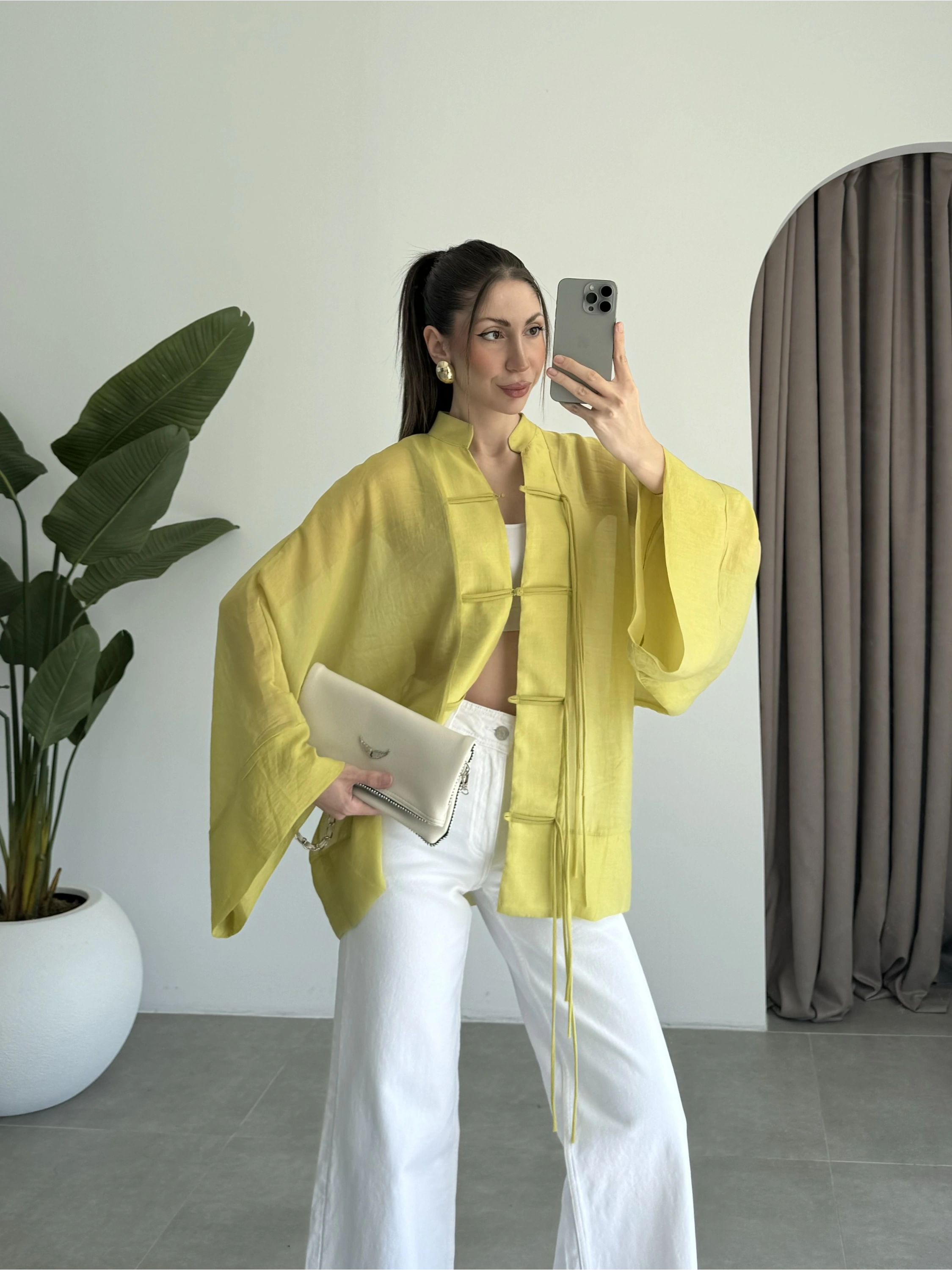 Çin Düğmeli Yağ Yeşili Gömlek Kimono
