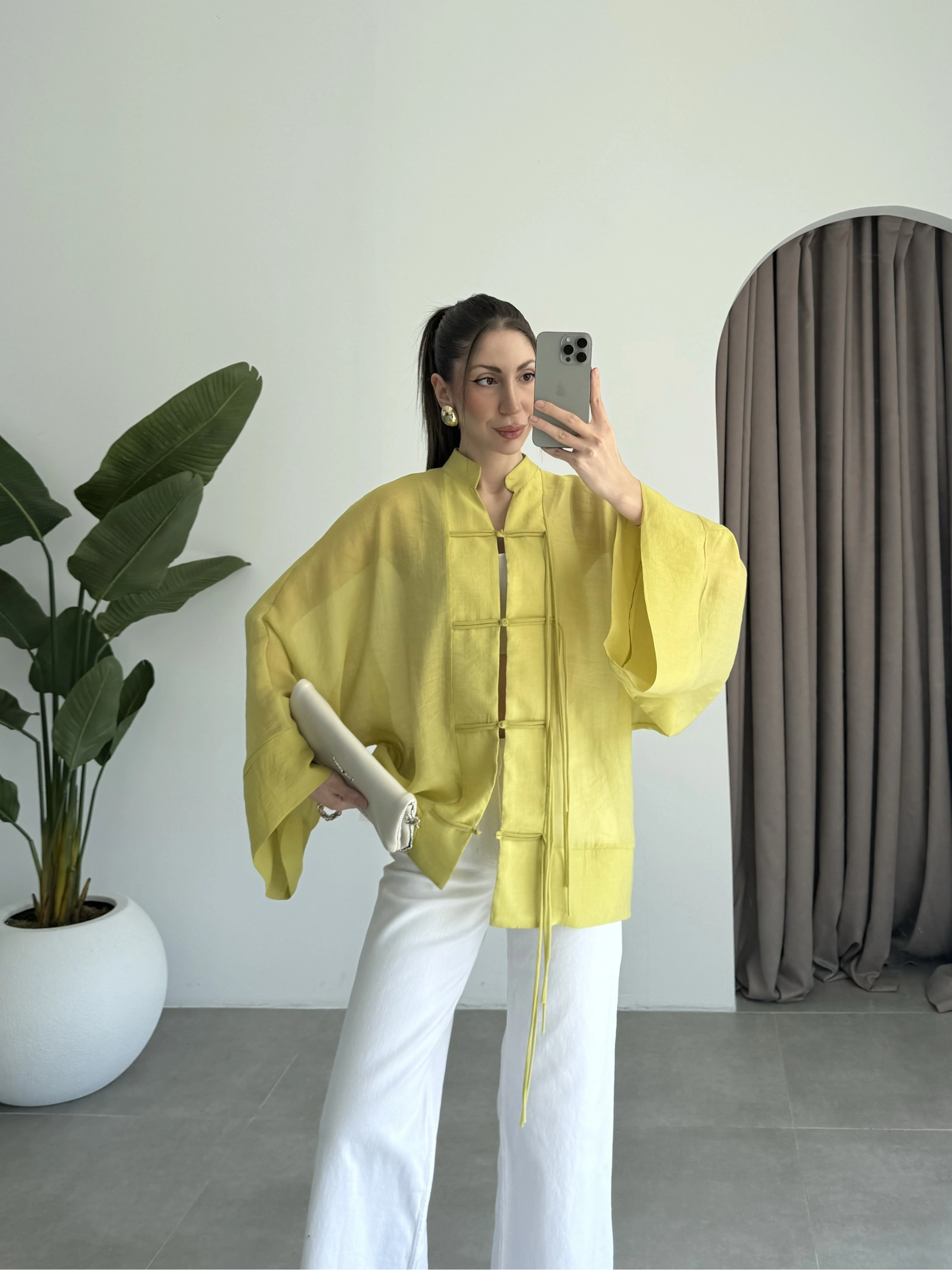 Çin Düğmeli Yağ Yeşili Gömlek Kimono