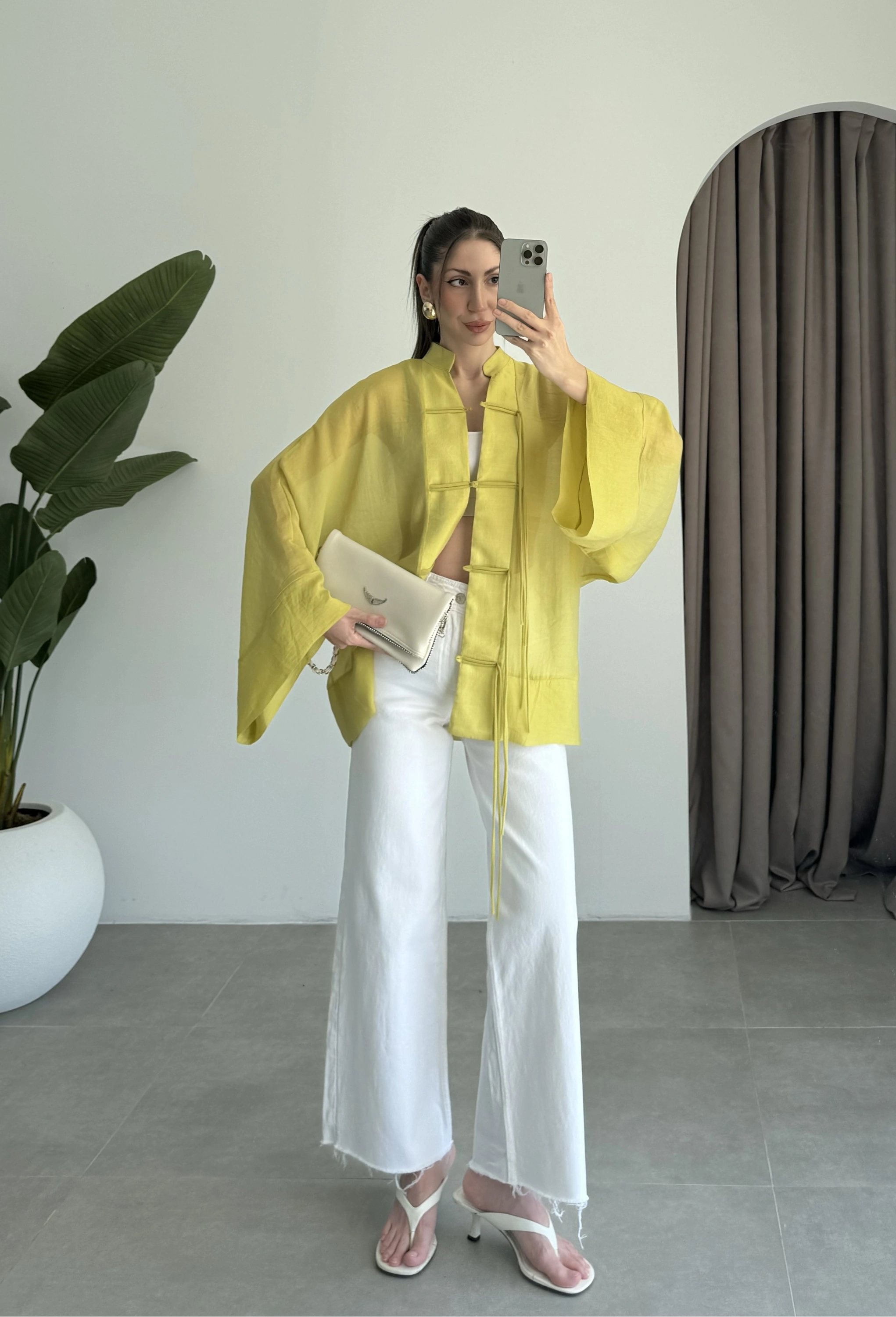 Çin Düğmeli Yağ Yeşili Gömlek Kimono