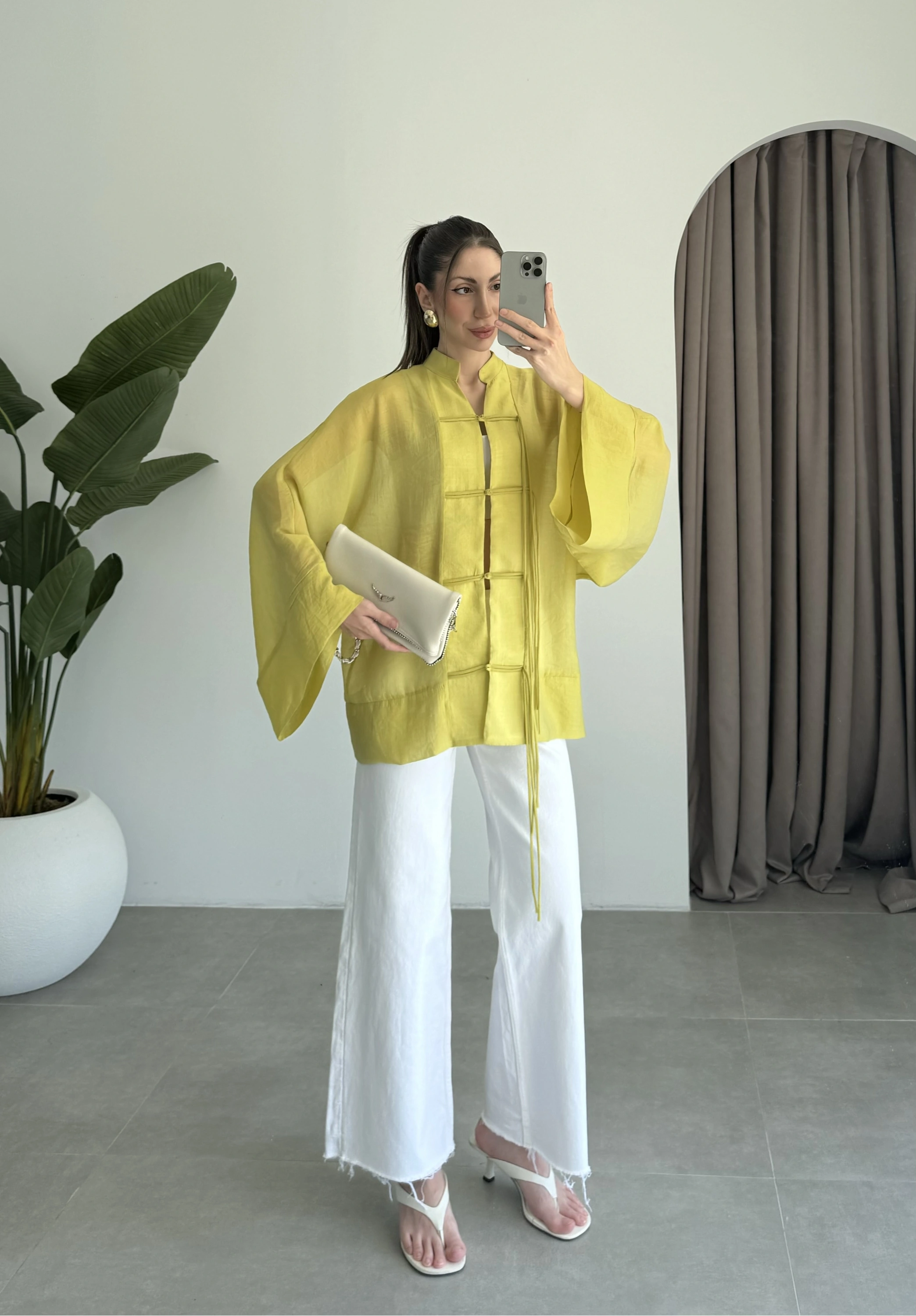 Çin Düğmeli Yağ Yeşili Gömlek Kimono