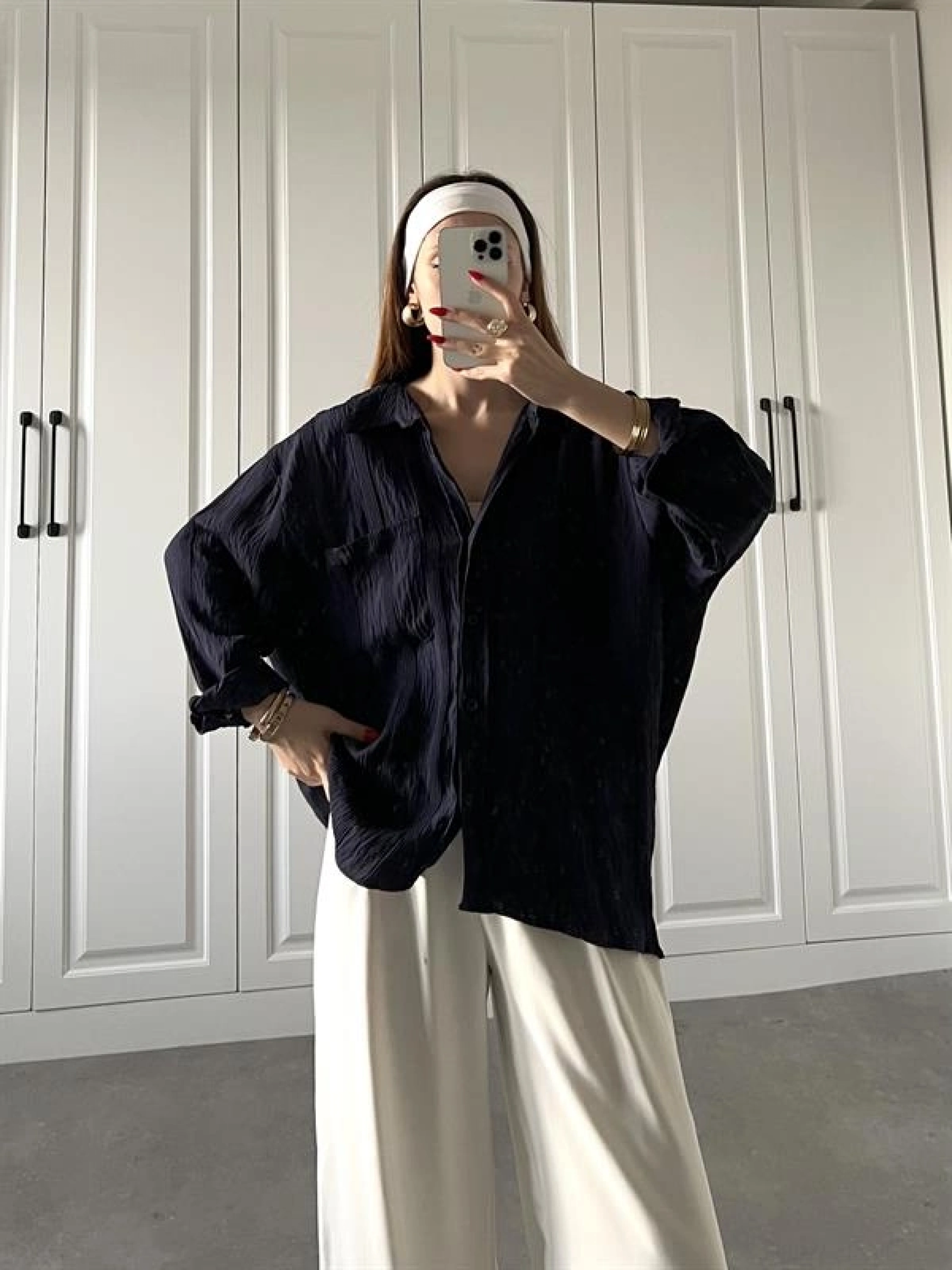 Dora Oversize Lacivert Tensel Gömlek