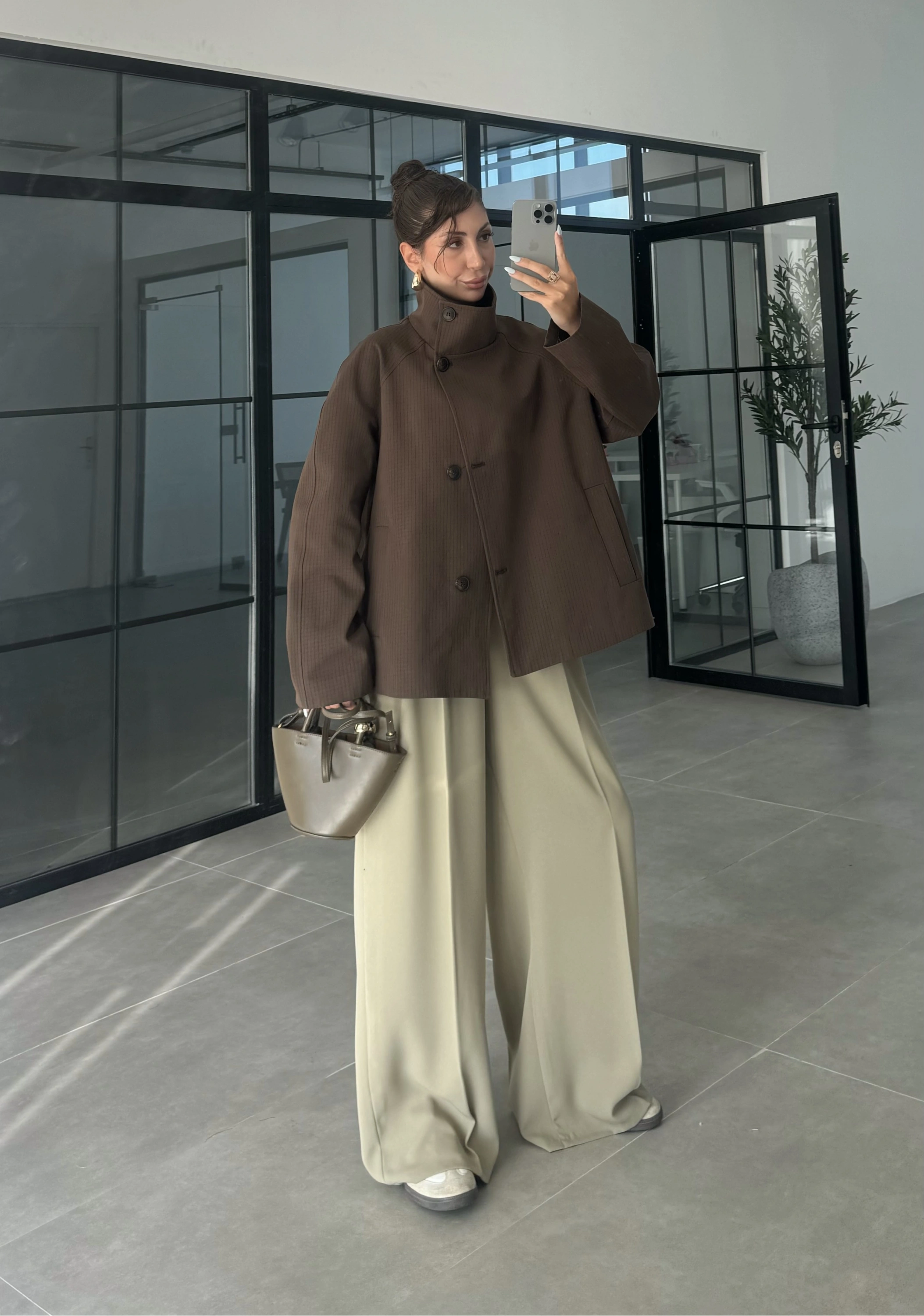 Ekose Astarlı Dik Yaka Kahve Ceket