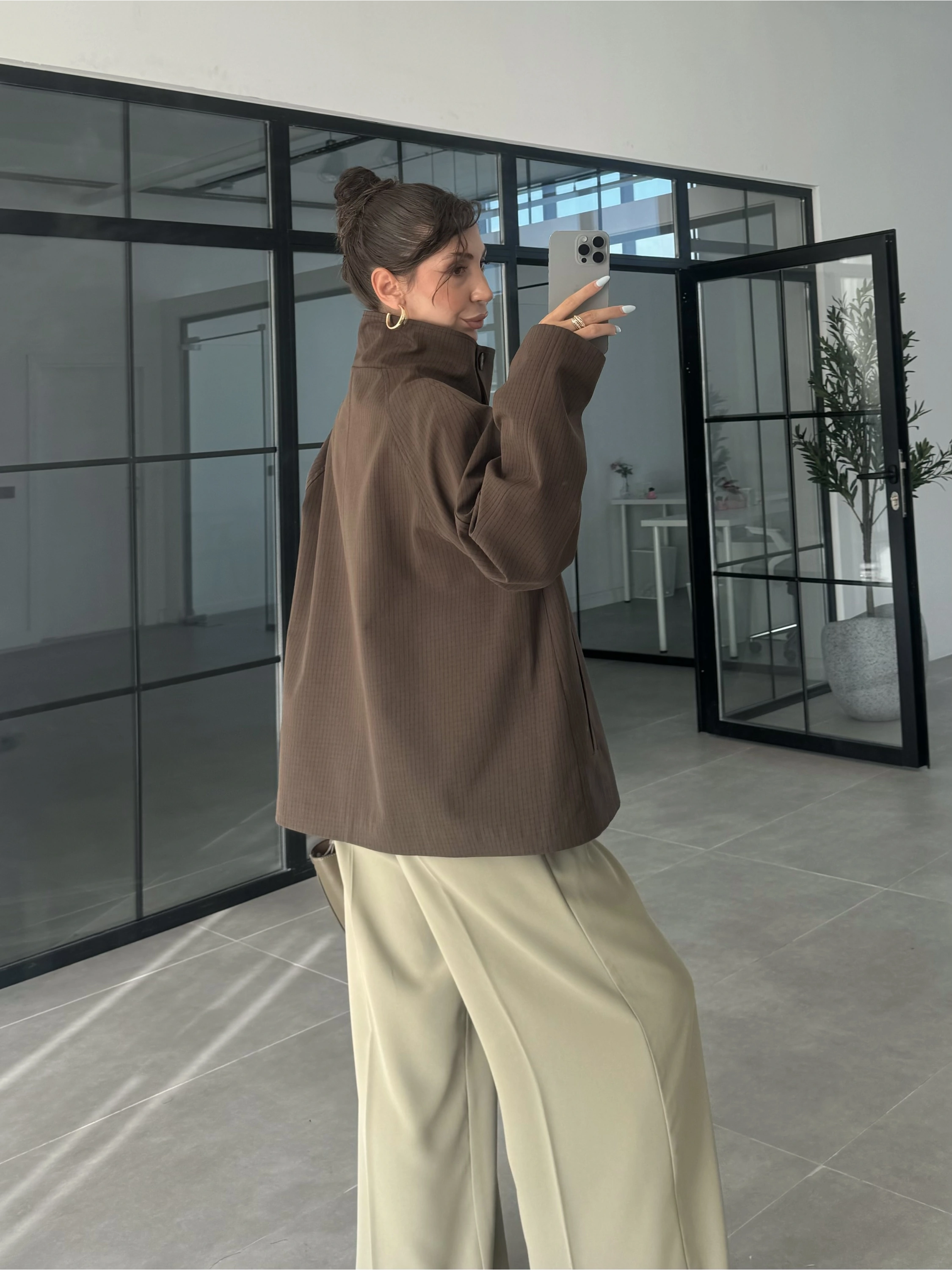 Ekose Astarlı Dik Yaka Kahve Ceket