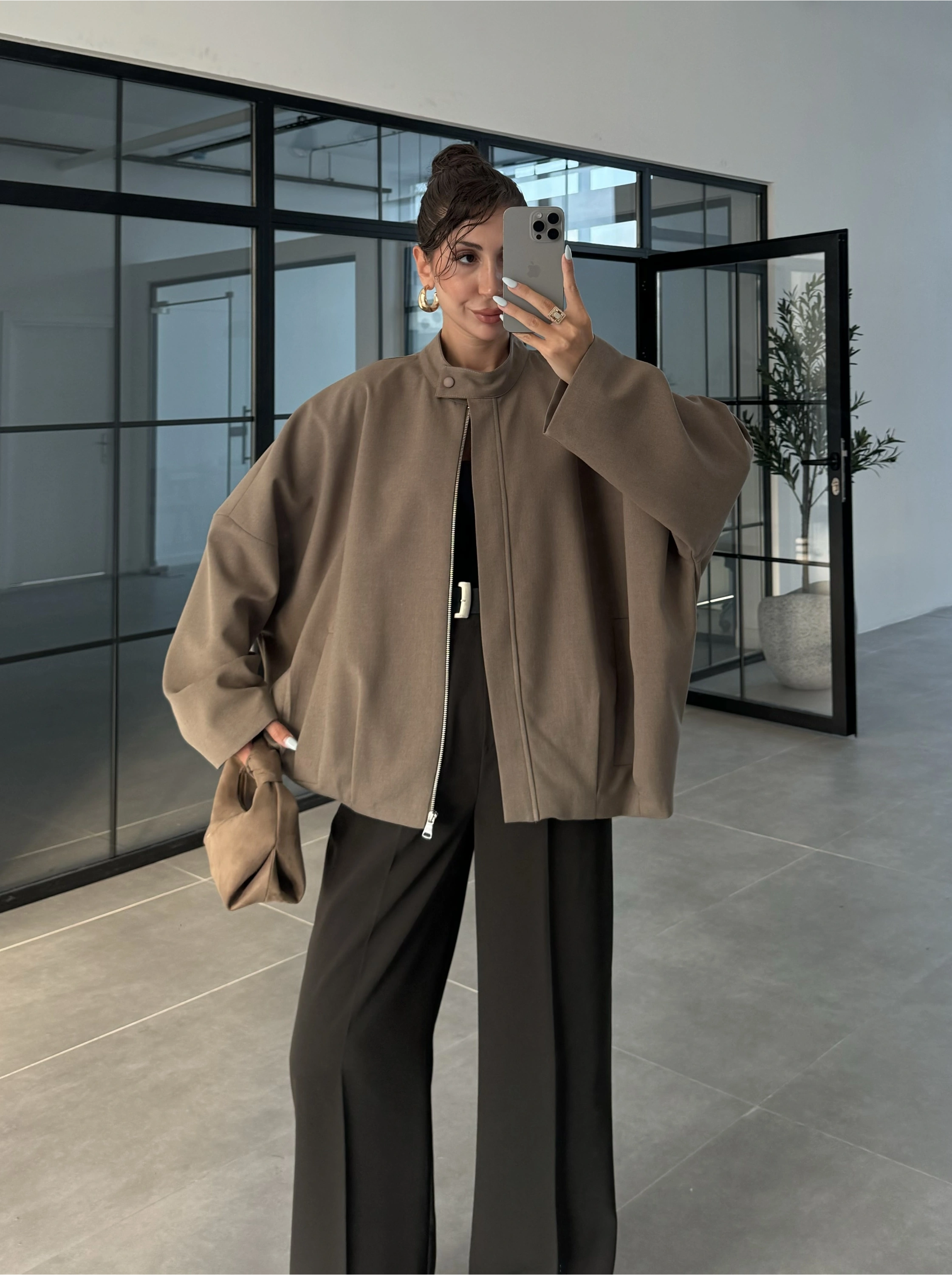 Ekstra Oversize Astarlı Haki Bamber Ceket